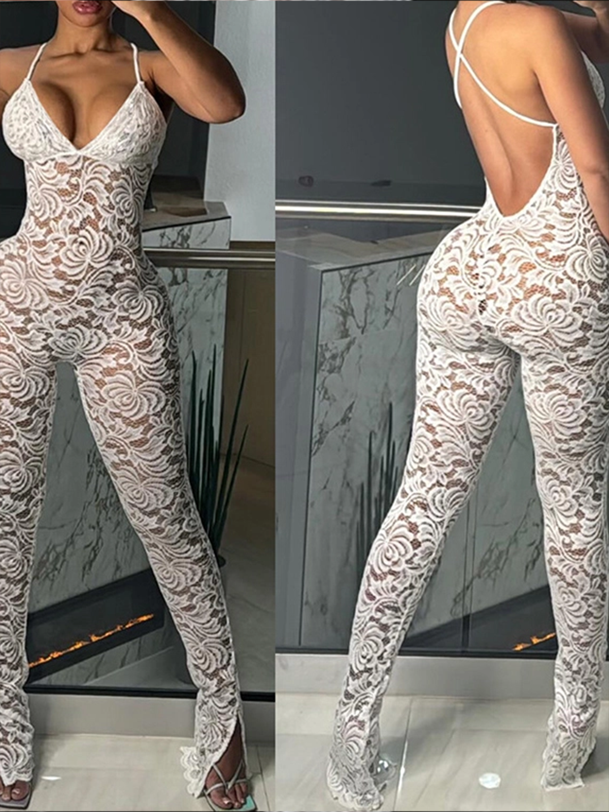 Deep V Halter Back Lace See Through Jumpsuit