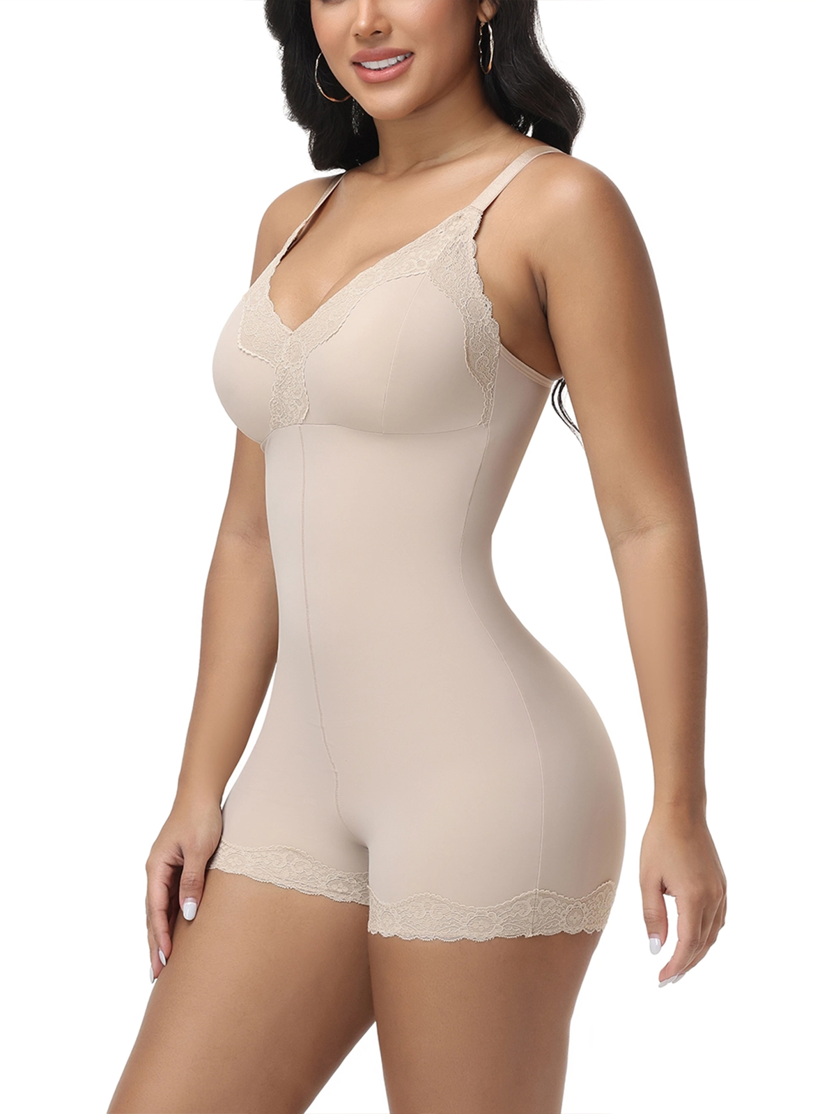 Shapshe® Lace Trim Deep V Mid-Thigh Bodysuit Shaper