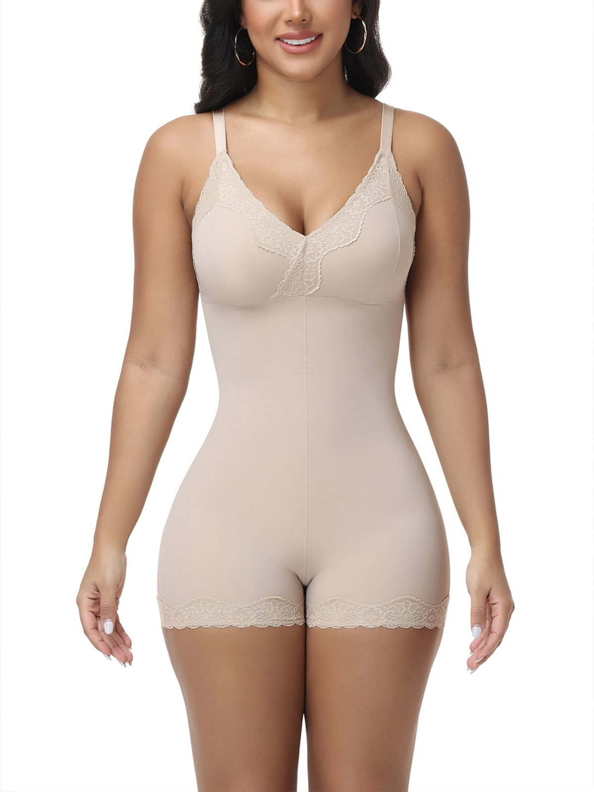 Shapshe® Lace Trim Deep V Mid-Thigh Bodysuit Shaper