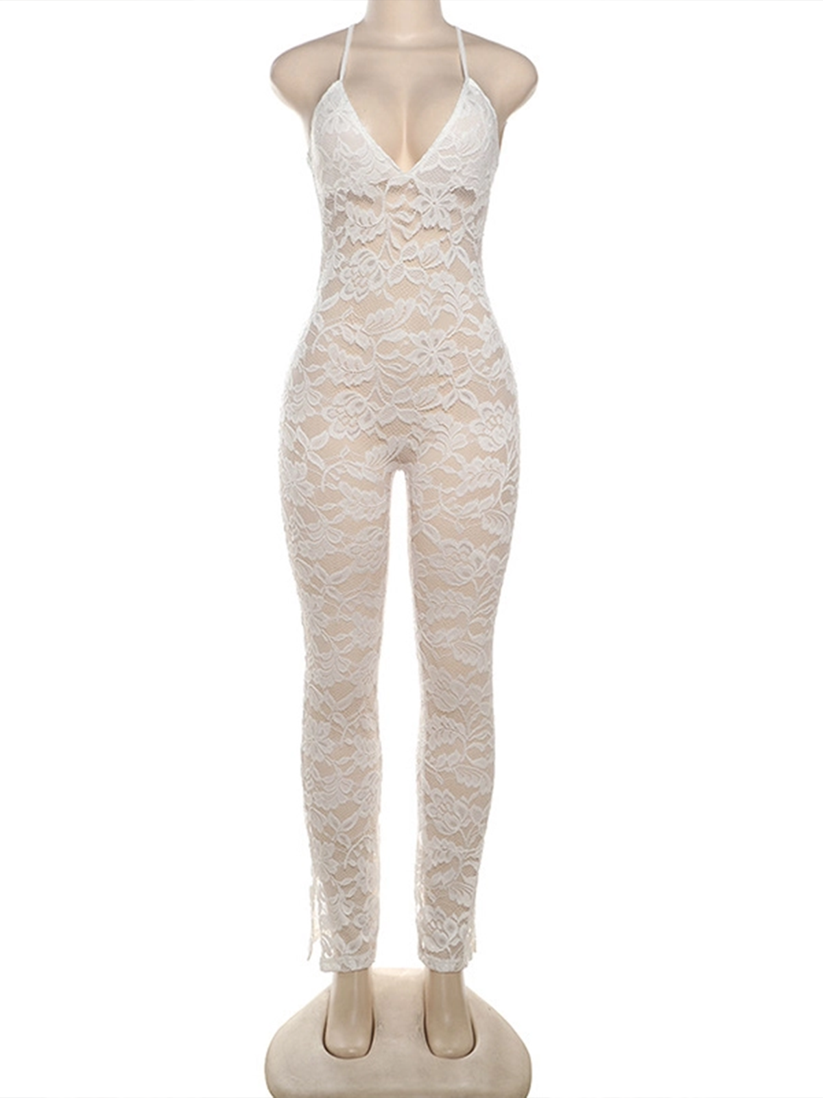 Deep V Halter Back Lace See Through Jumpsuit