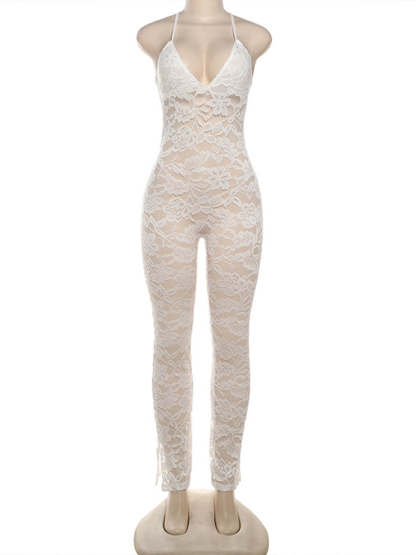Deep V Halter Back Lace See Through Jumpsuit