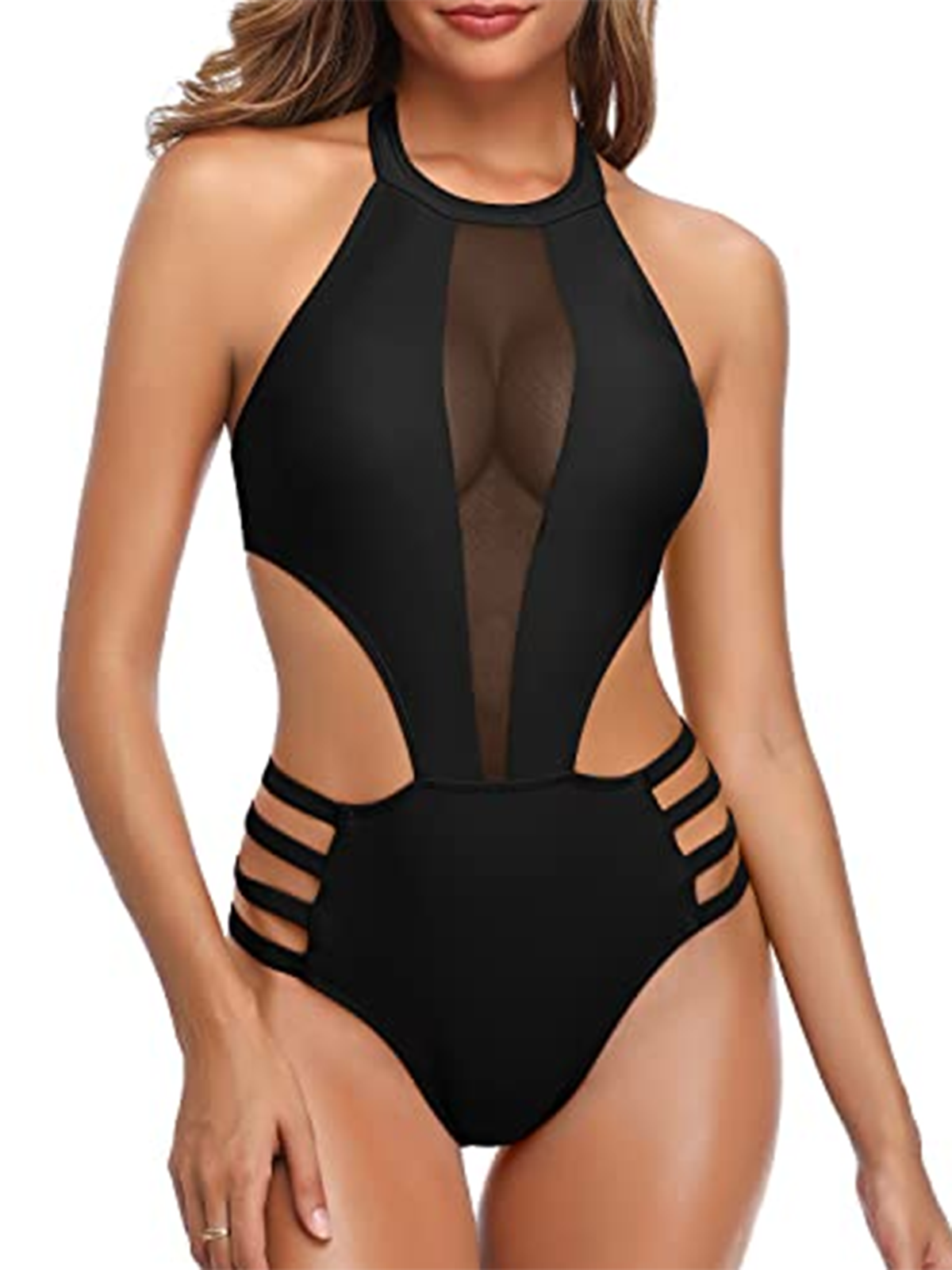 Summer Women's Semi-Transparent Design Waist-Baring One-Piece Swimsuit