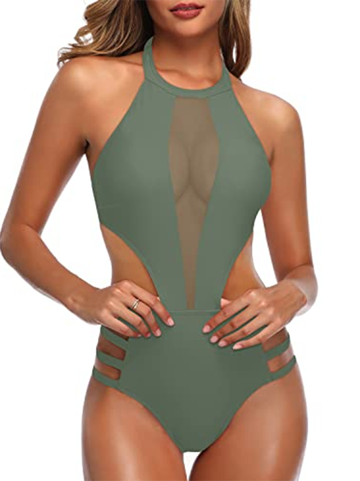 Summer Women's Semi-Transparent Design Waist-Baring One-Piece Swimsuit