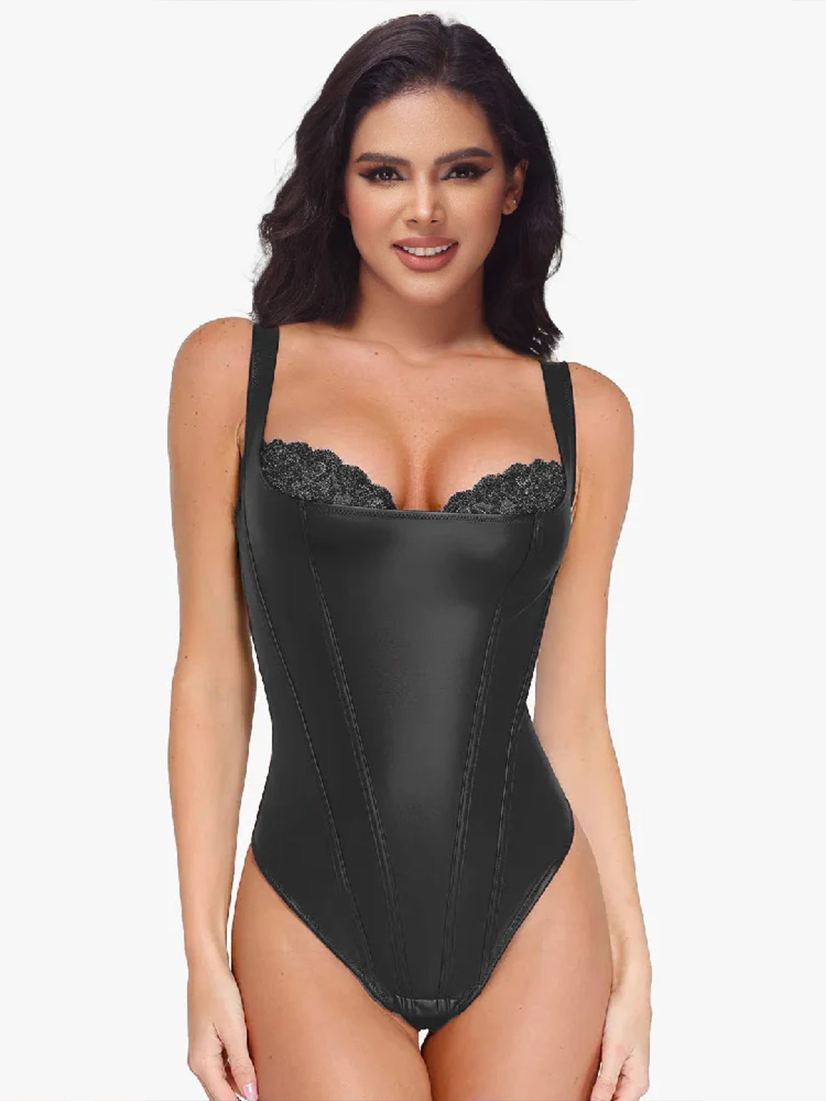 Shapewear Faux Leather Lace Balconette Sculpting Bodysuit
