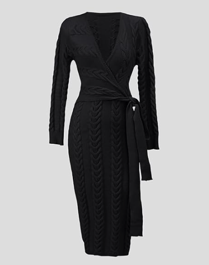 Deep V Neck Textured Long Sleeved Midi Length Knitted Dress With A Fitted Waist