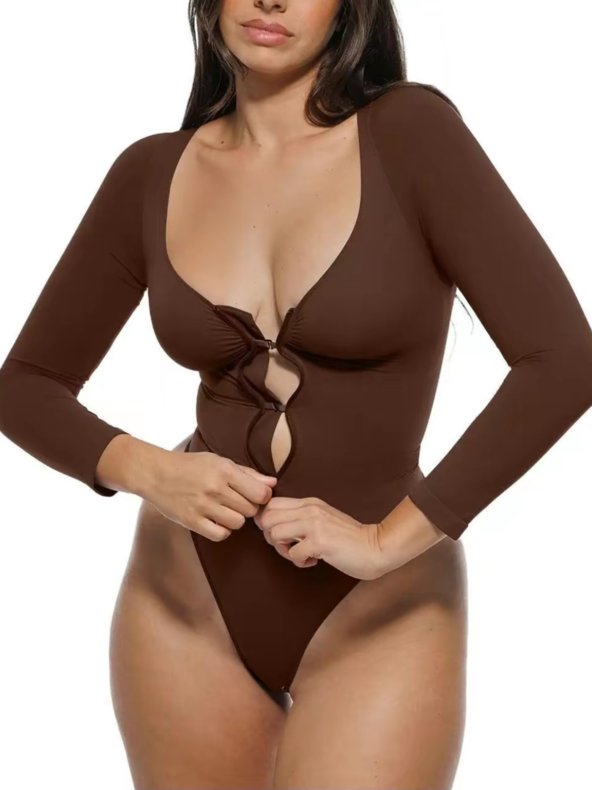 Front Zipper Seamless Slimming Long Sleeve Thong Bodysuit