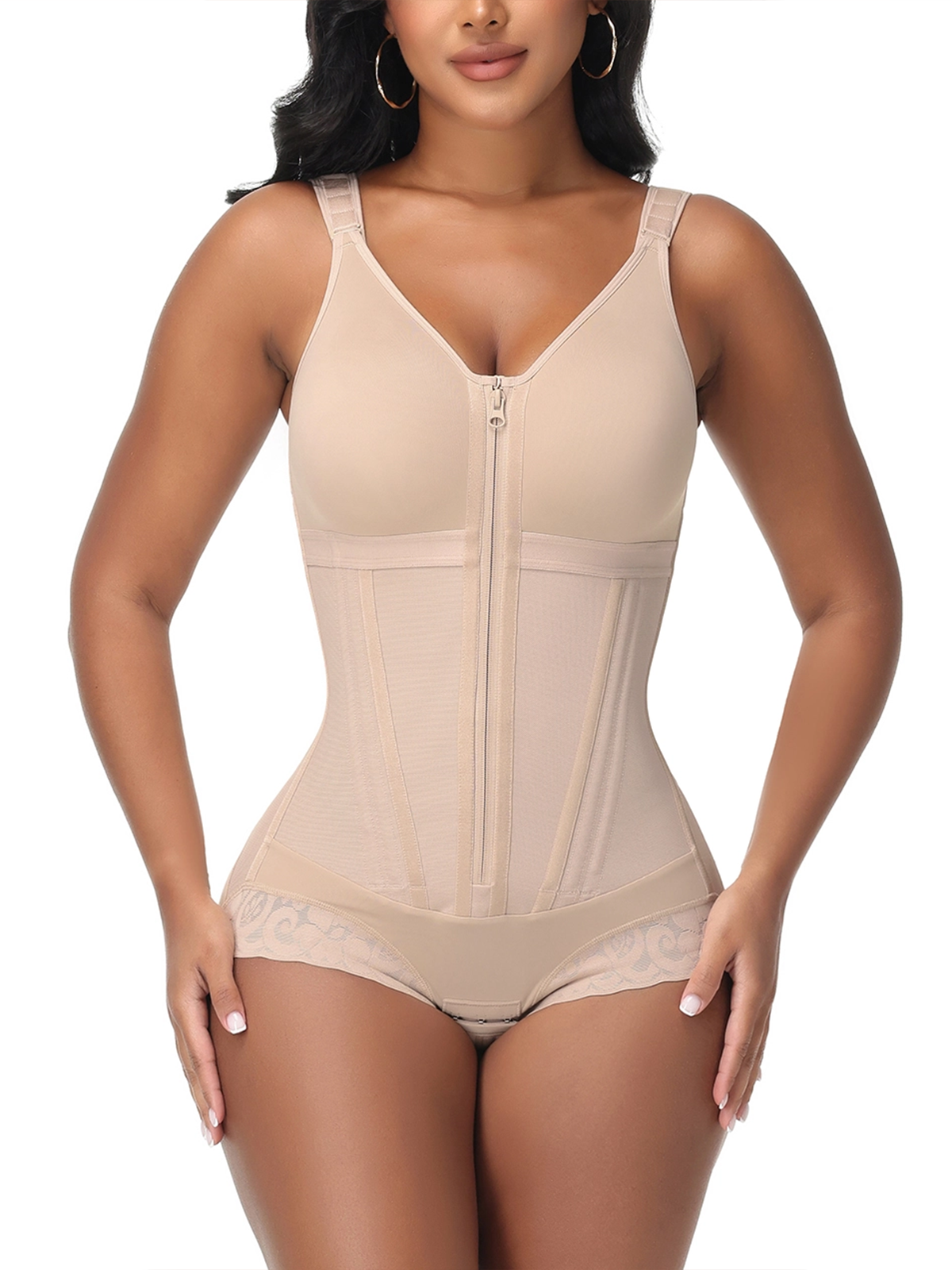 Double-Layer PowerMesh Hourglass Tummy Sculpt Zipper Bodysuit With Bra