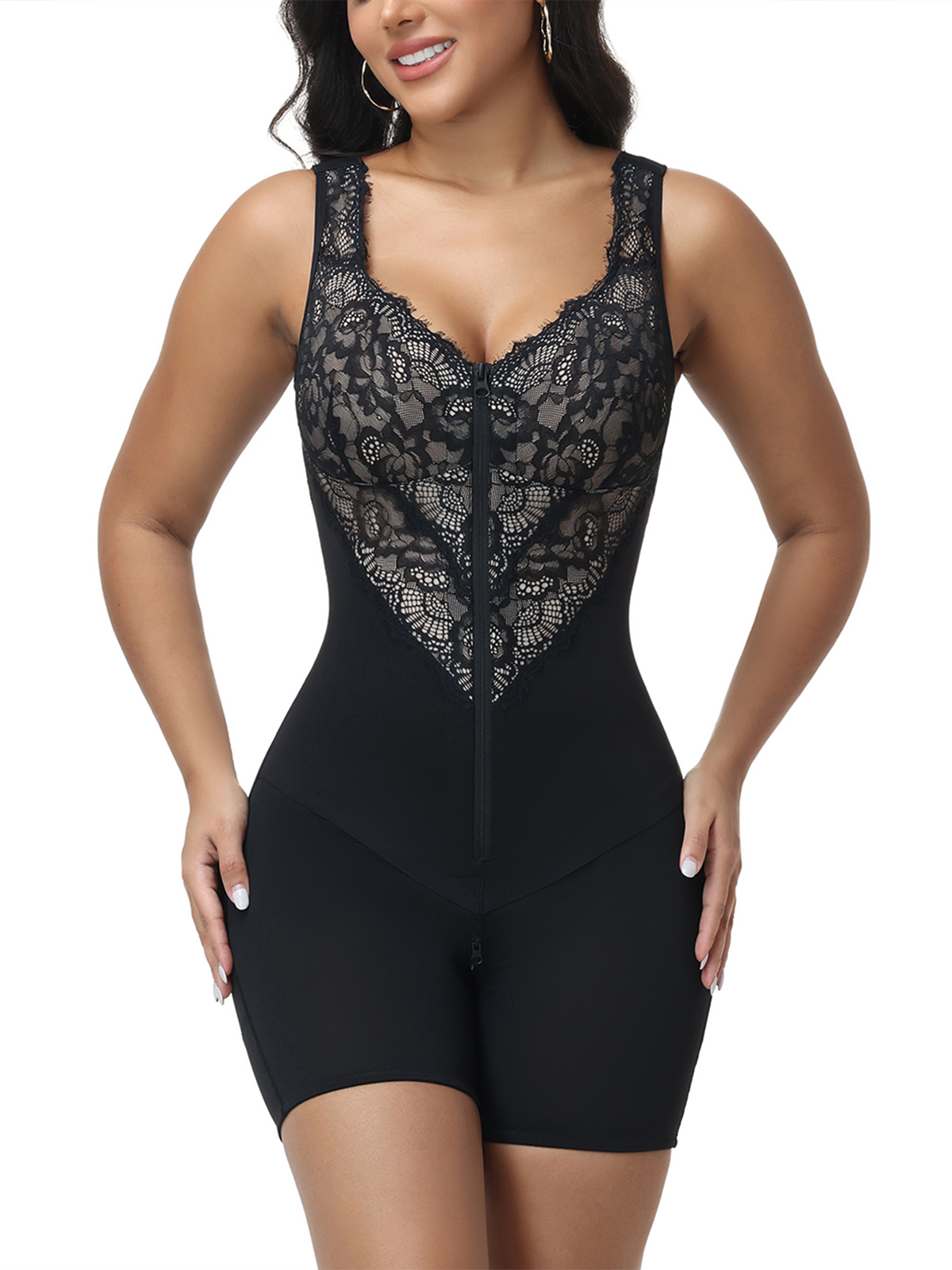 Shapshe® Lace Deep V Zipper Closure Tummy Control Body Shaper