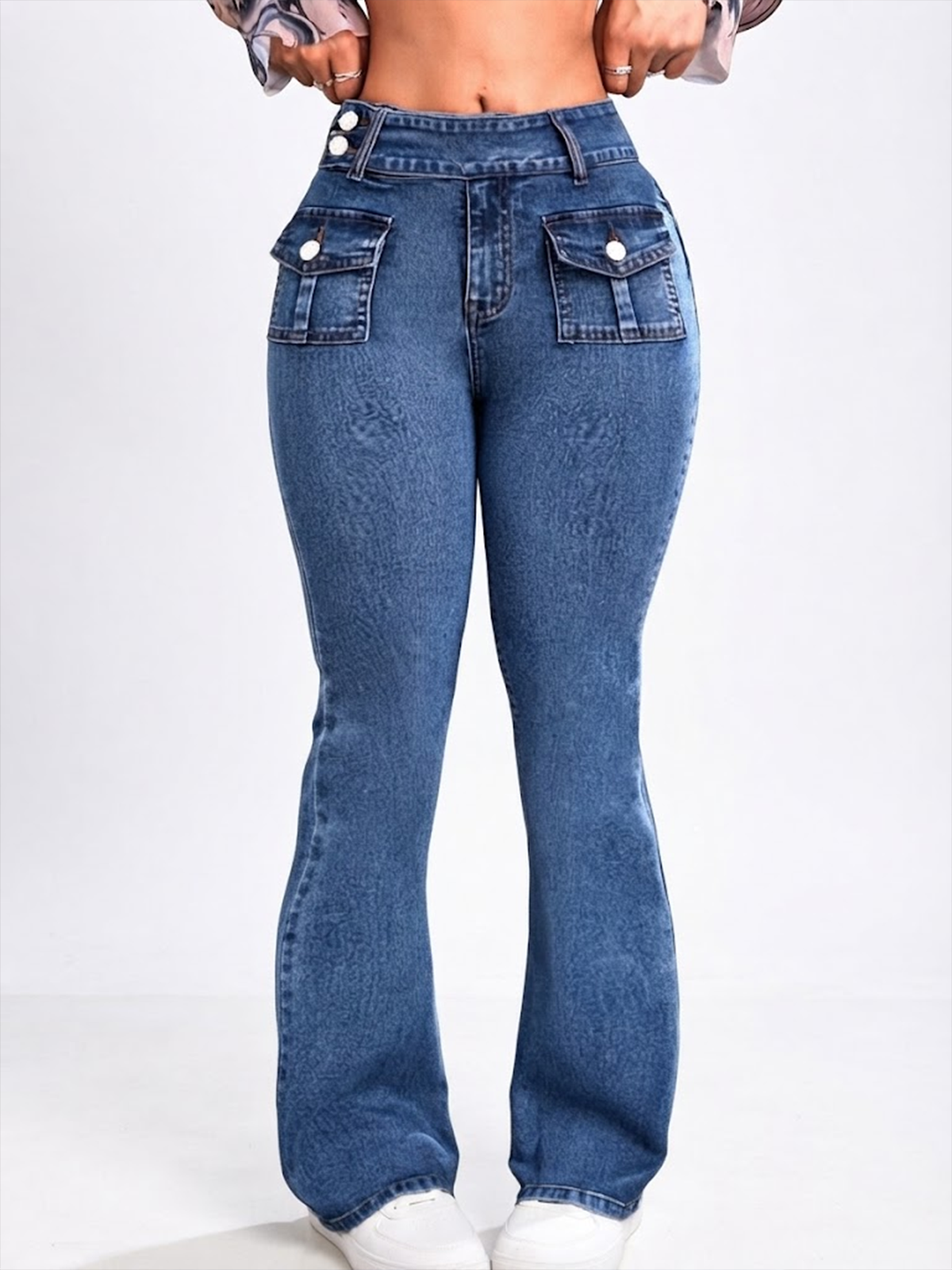Button Detail High Waist Stretch Flare Jeans