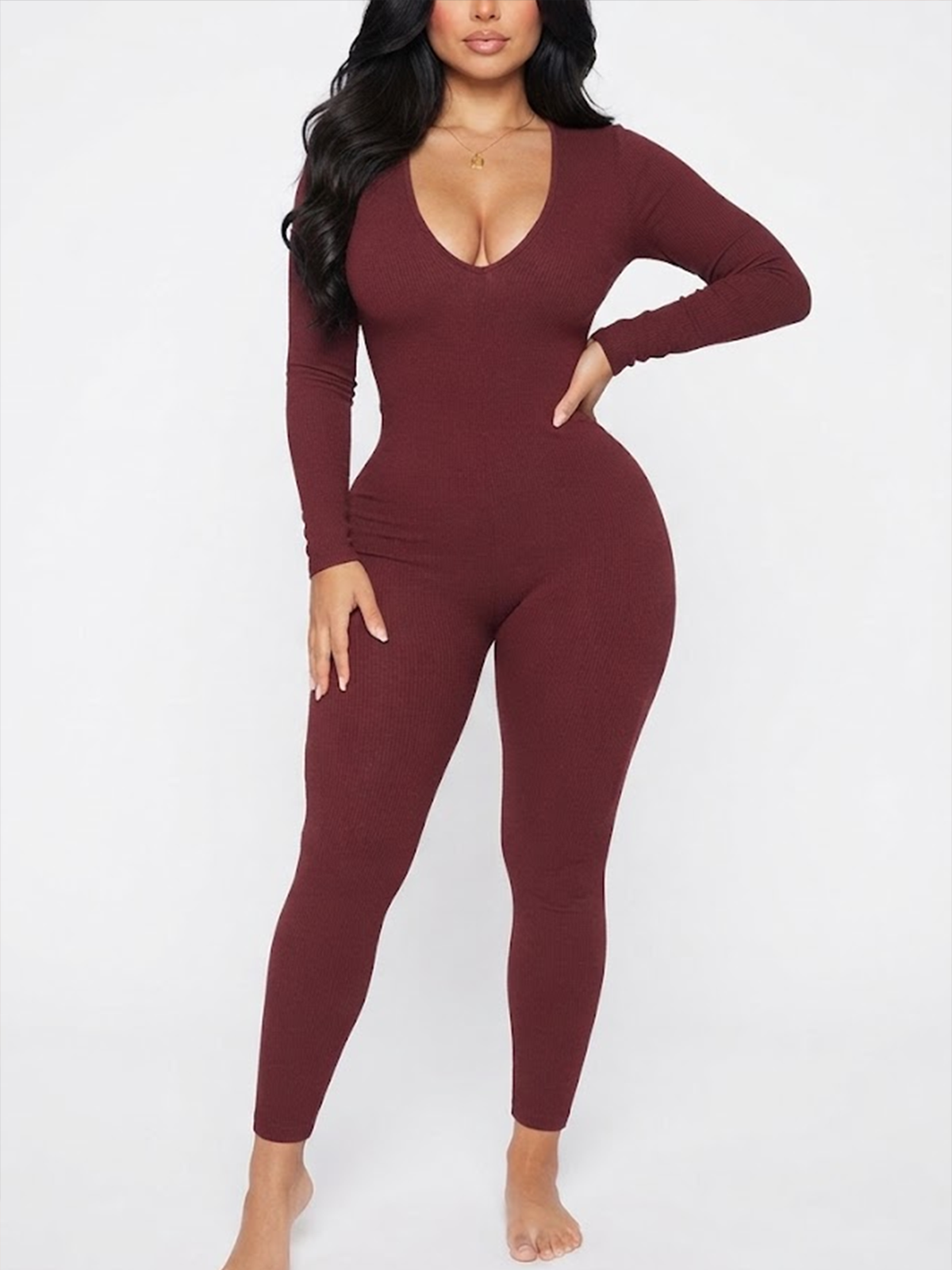 Long Sleeve Deep V Neck Jumpsuit Full Body Shapewear Tummy Control Bodysuit Catsuit