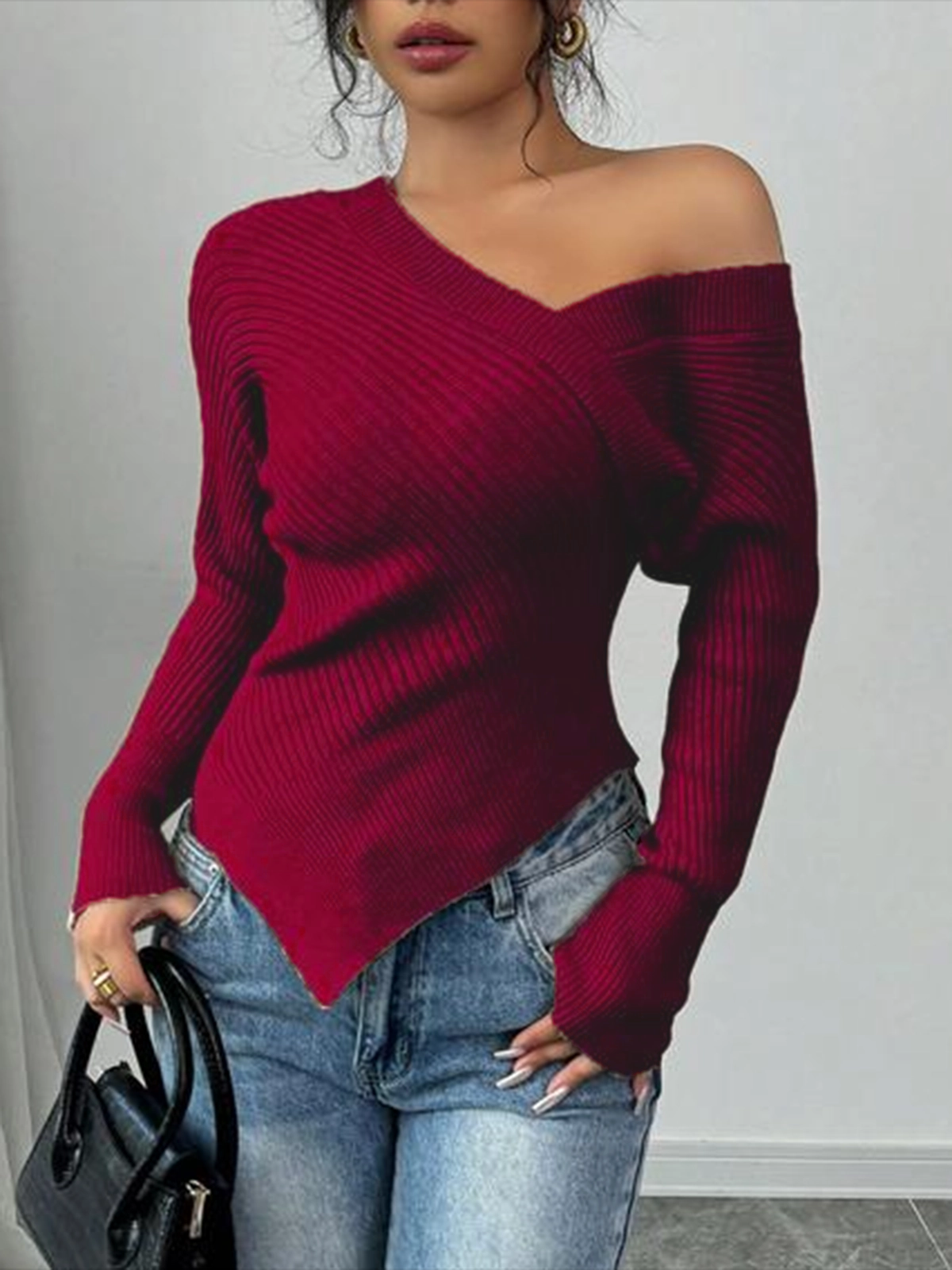 Women's Off Shoulder Ribbed Asymmetrical Tight Fitting Pullover