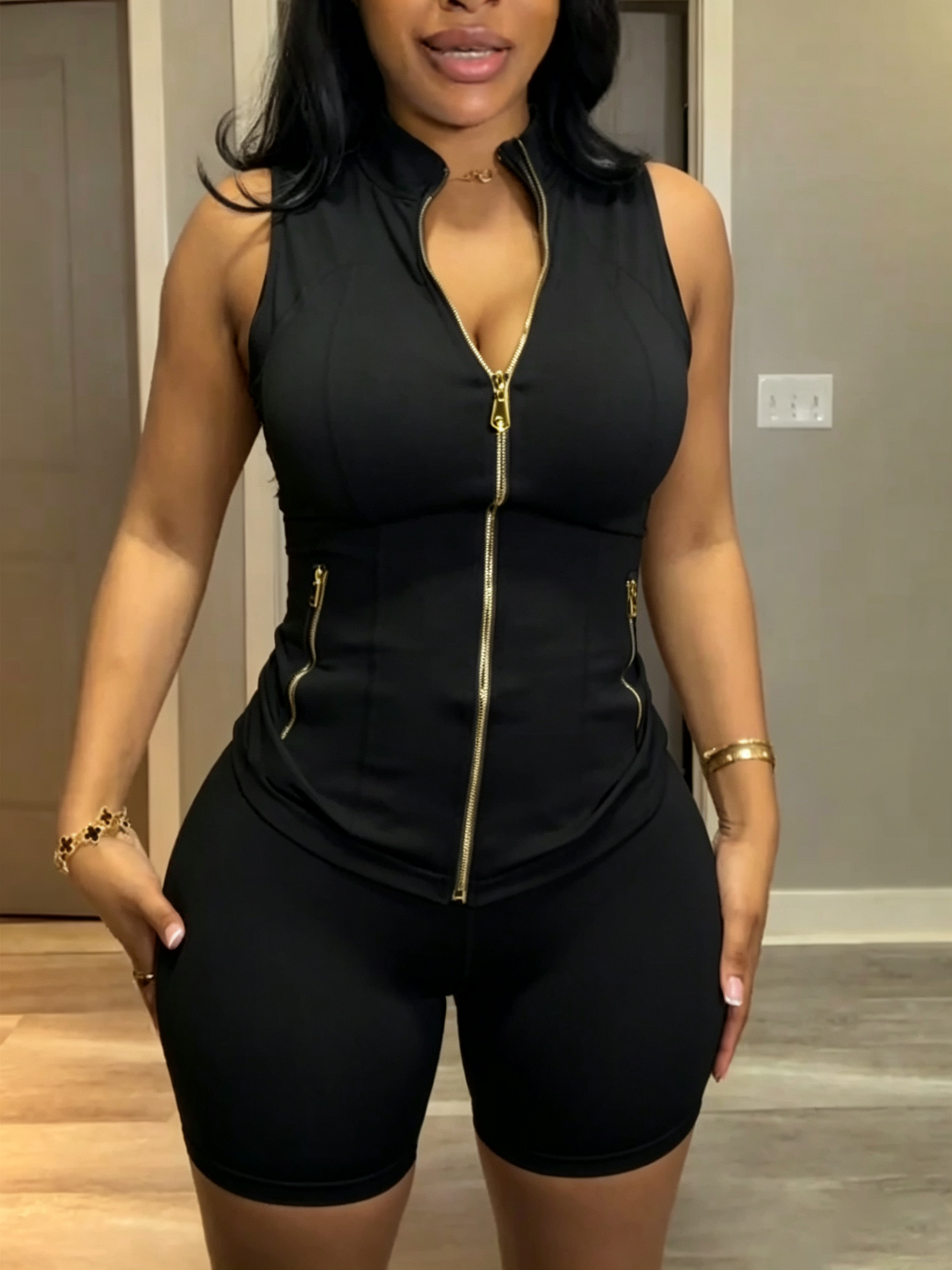 Gold Zipper Vest And Shorts Yoga Set