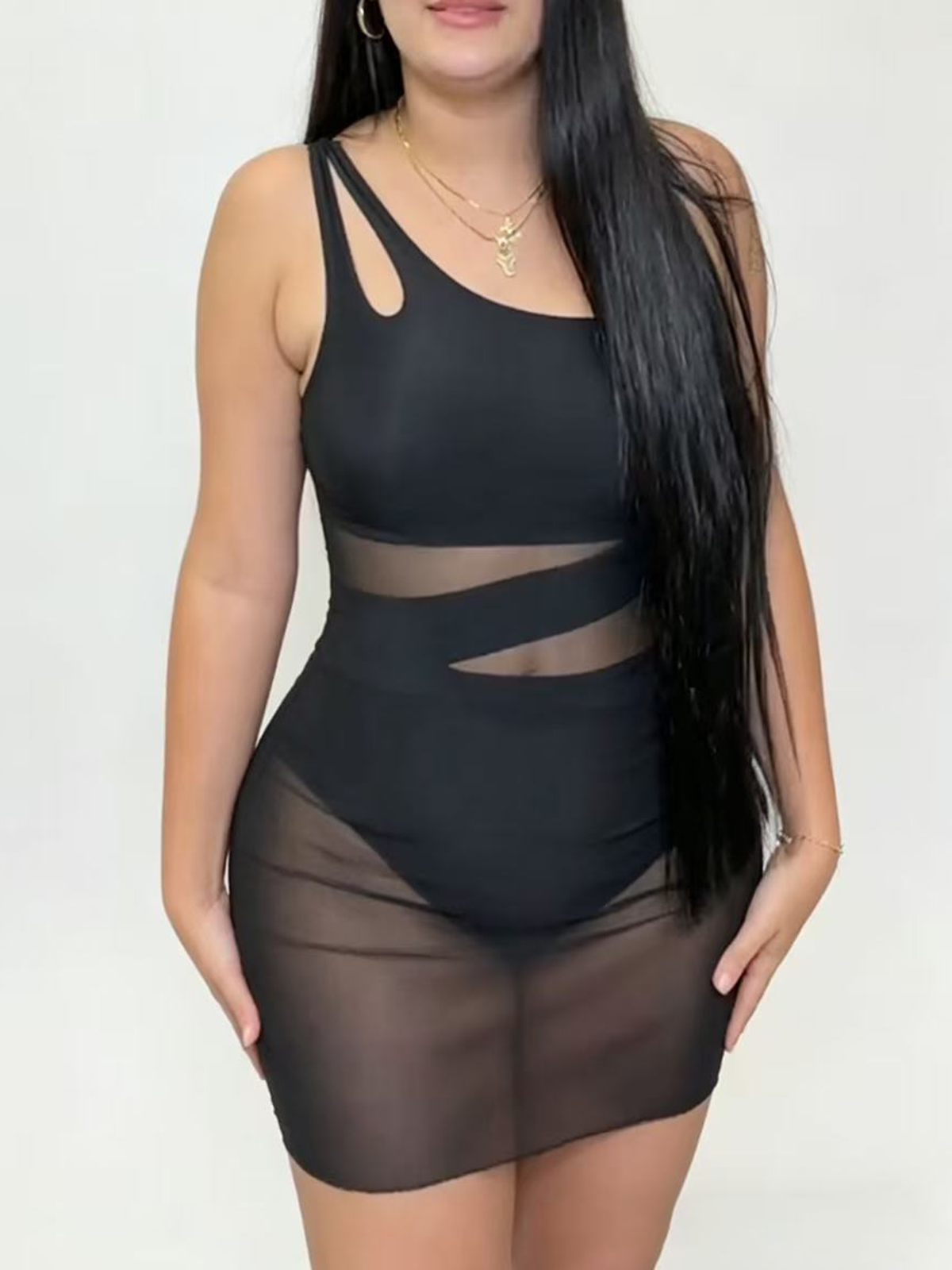 Solid Color Mesh Patchwork One Piece Swimsuit