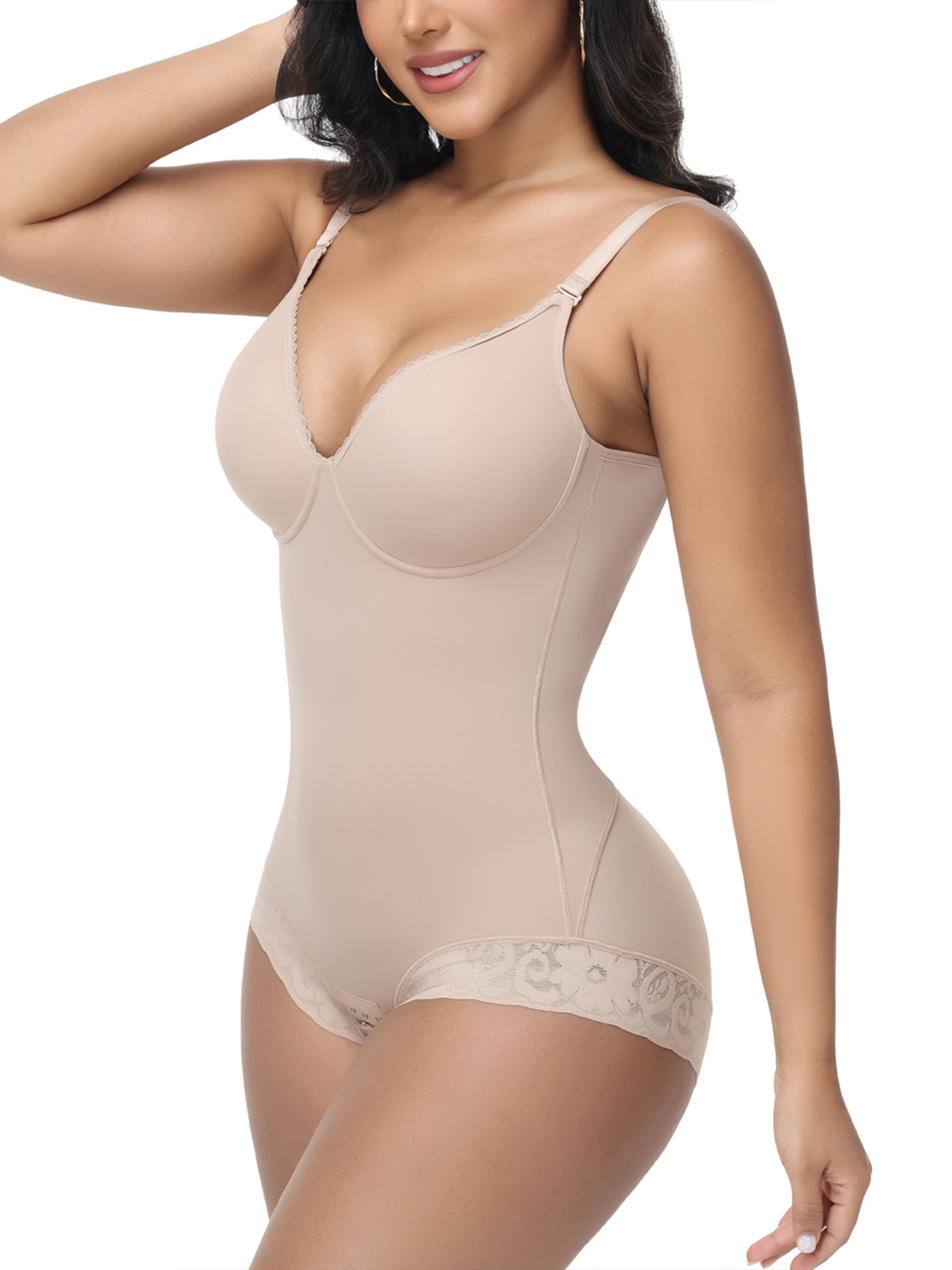 Underwire Lace Trim Tummy Control Open Crotch Shapewear