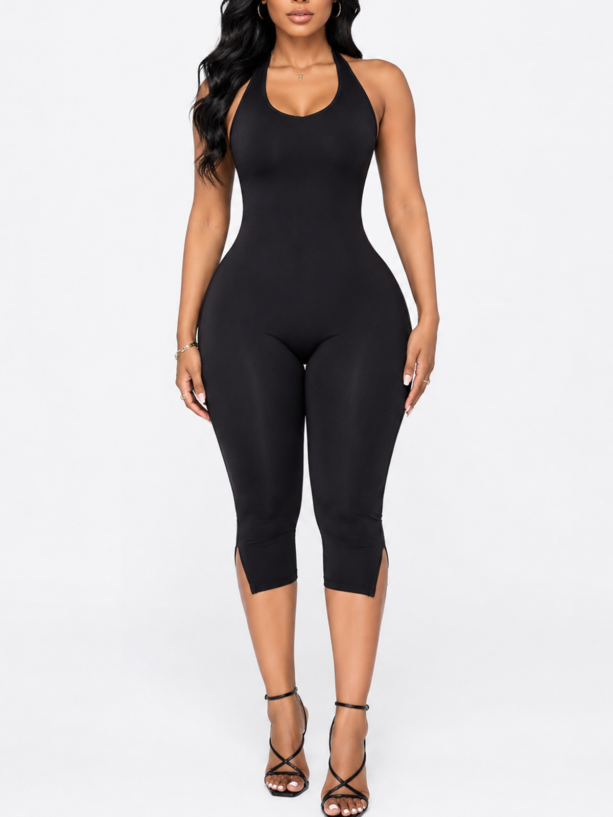 Women's Solid Color Comfortable Sleeveless Backless Halter Neck Tights Jumpsuit