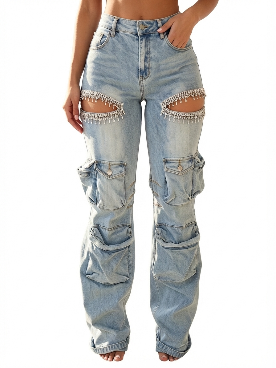 High Waist Rhinestone Fringe Cutout Wide Leg Cargo Denim Jeans