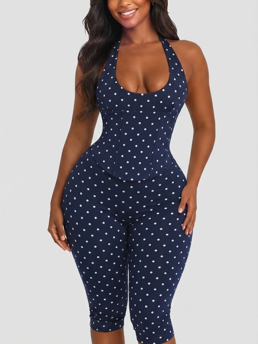 Vintage Polka Dot Halter Bodycon Jumpsuit