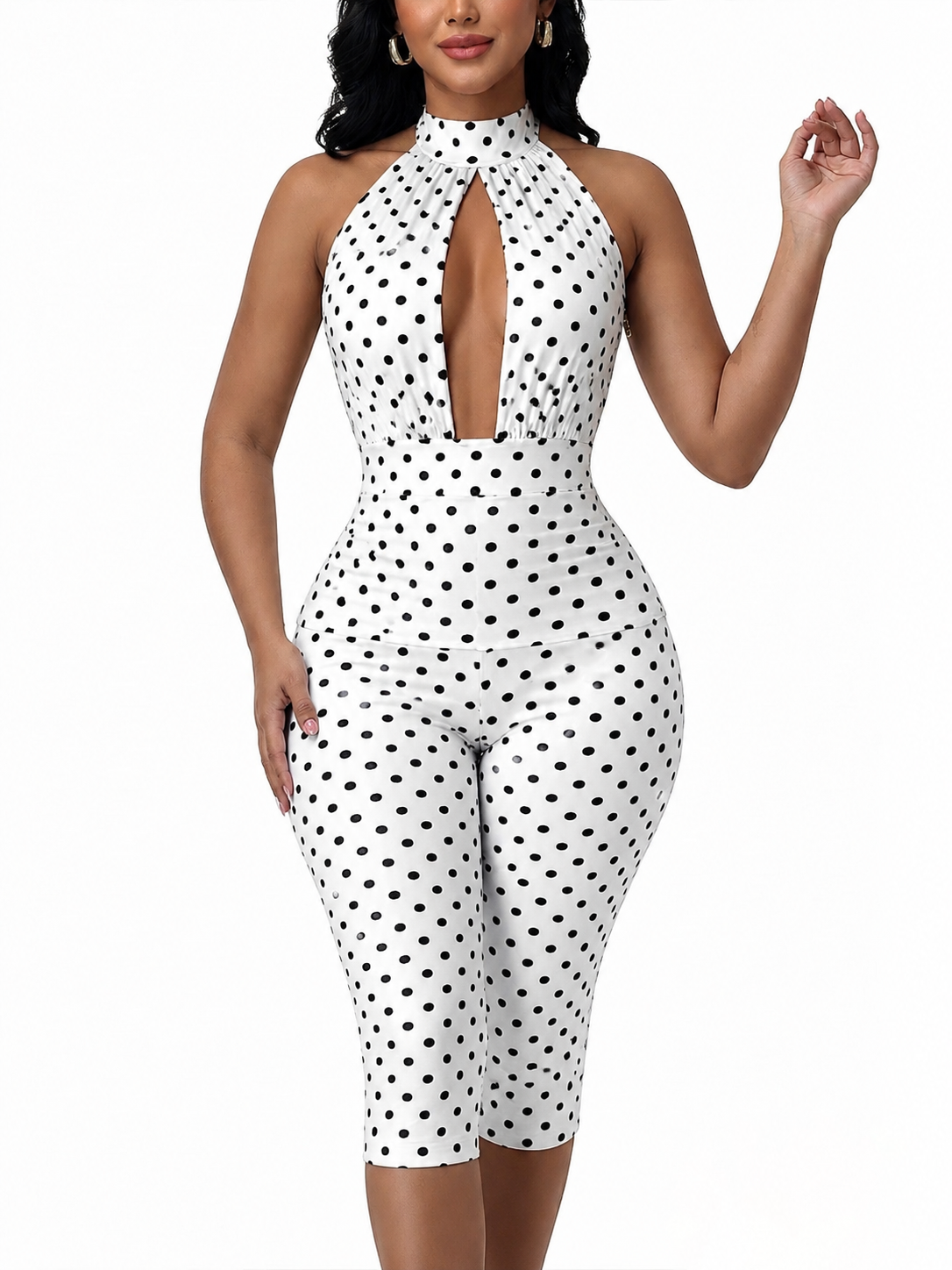 Polka Dot Halter Neck Cutout Sleeveless Skinny Jumpsuit