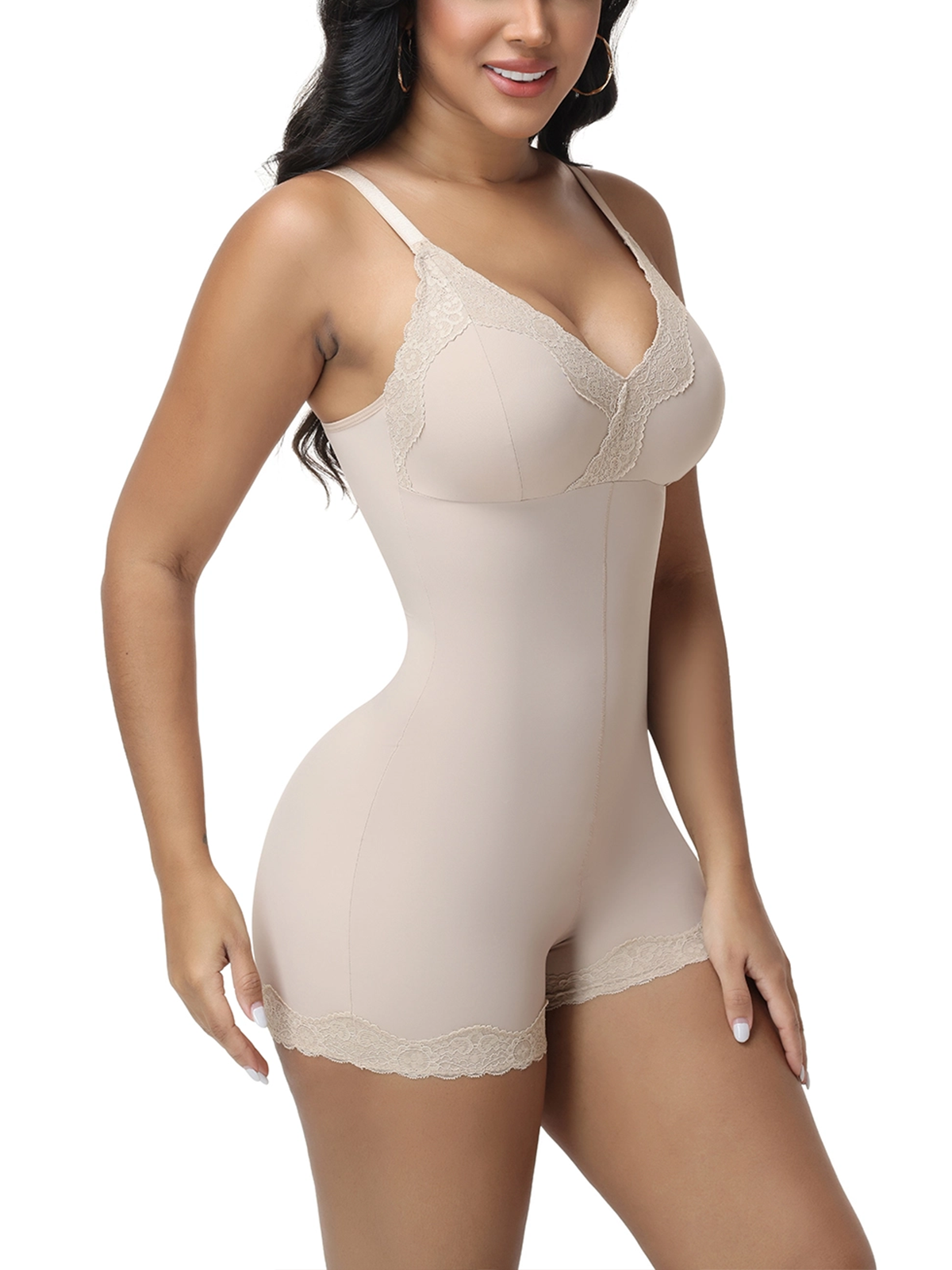 Shapshe® Lace Trim Deep V Mid-Thigh Bodysuit Shaper