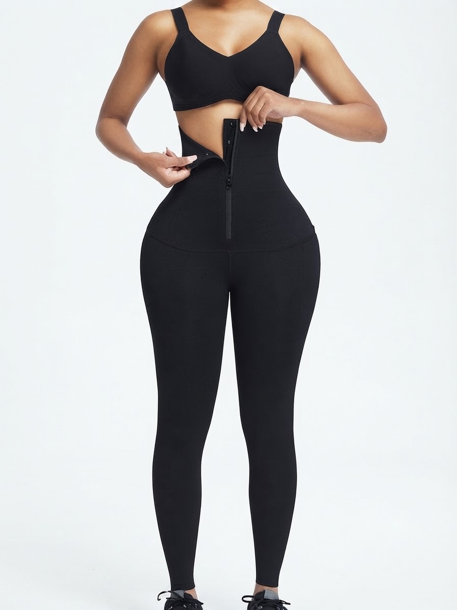 Black Waist Trainer 2-In-1 Leggings With Zipping Hourglass Figure