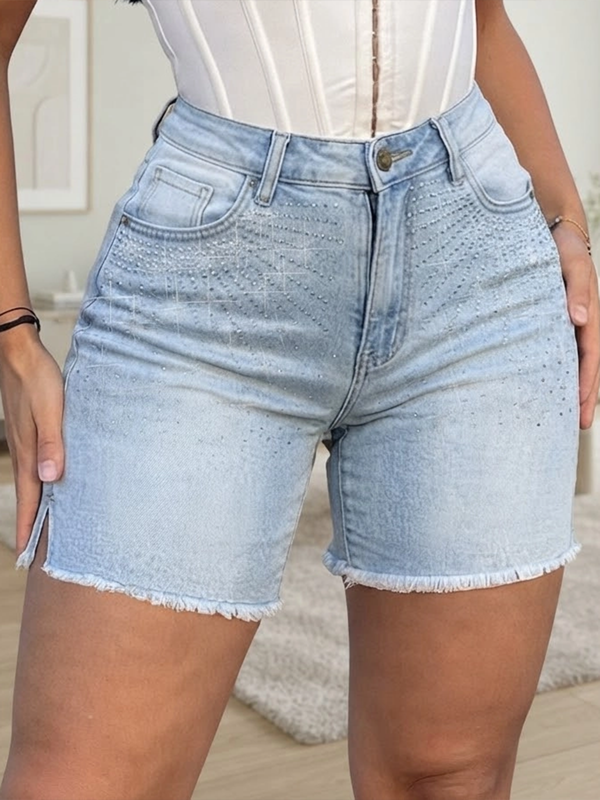 High Waisted Stretch Denim Shorts With Raw Hems