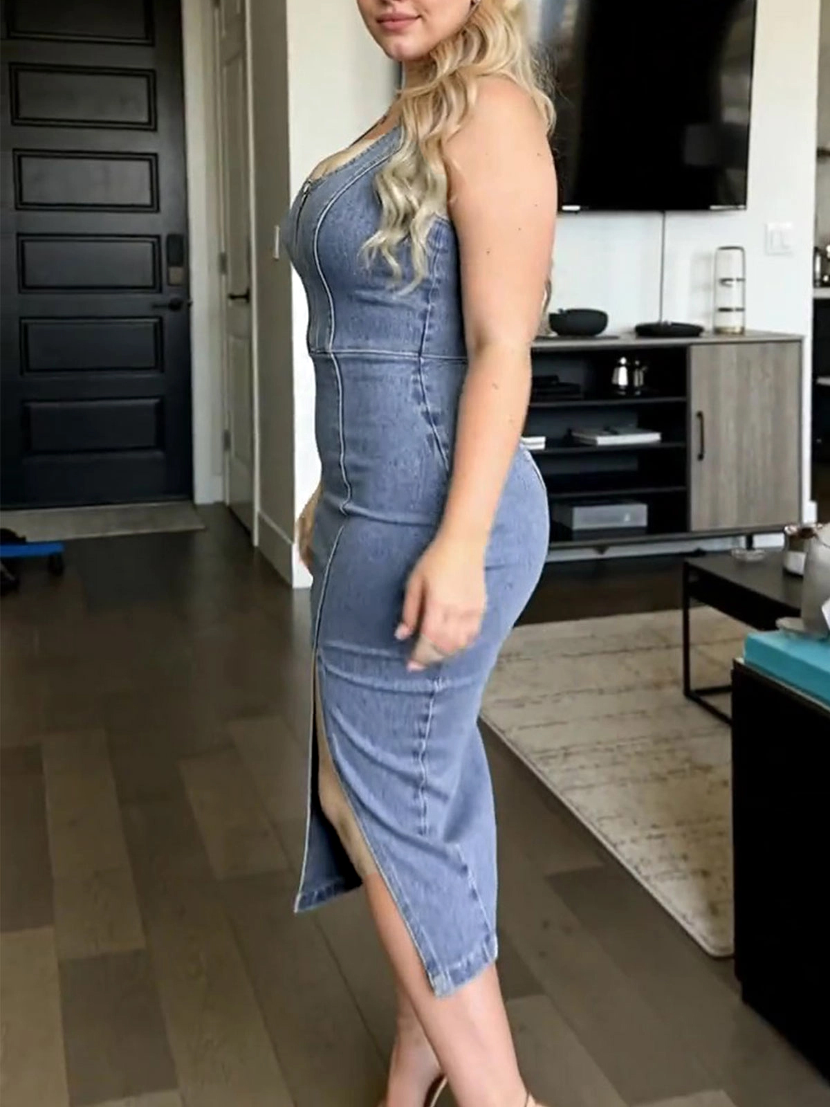 Stretch Sleeveless Denim Dress With Slit