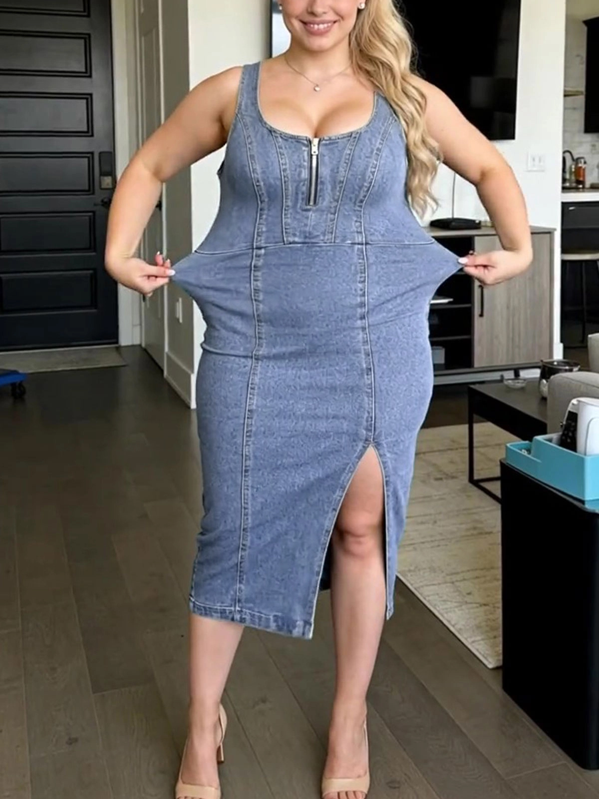 Stretch Sleeveless Denim Dress With Slit