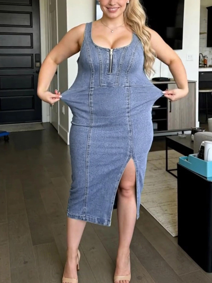 Stretch Sleeveless Denim Dress With Slit