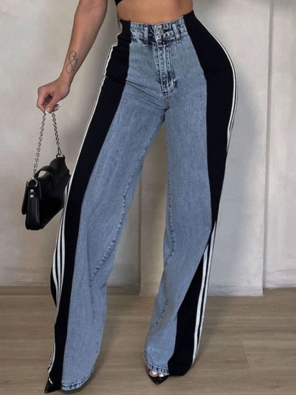 Patchwork Stripes High Waist Loose Denim Color Block Jean