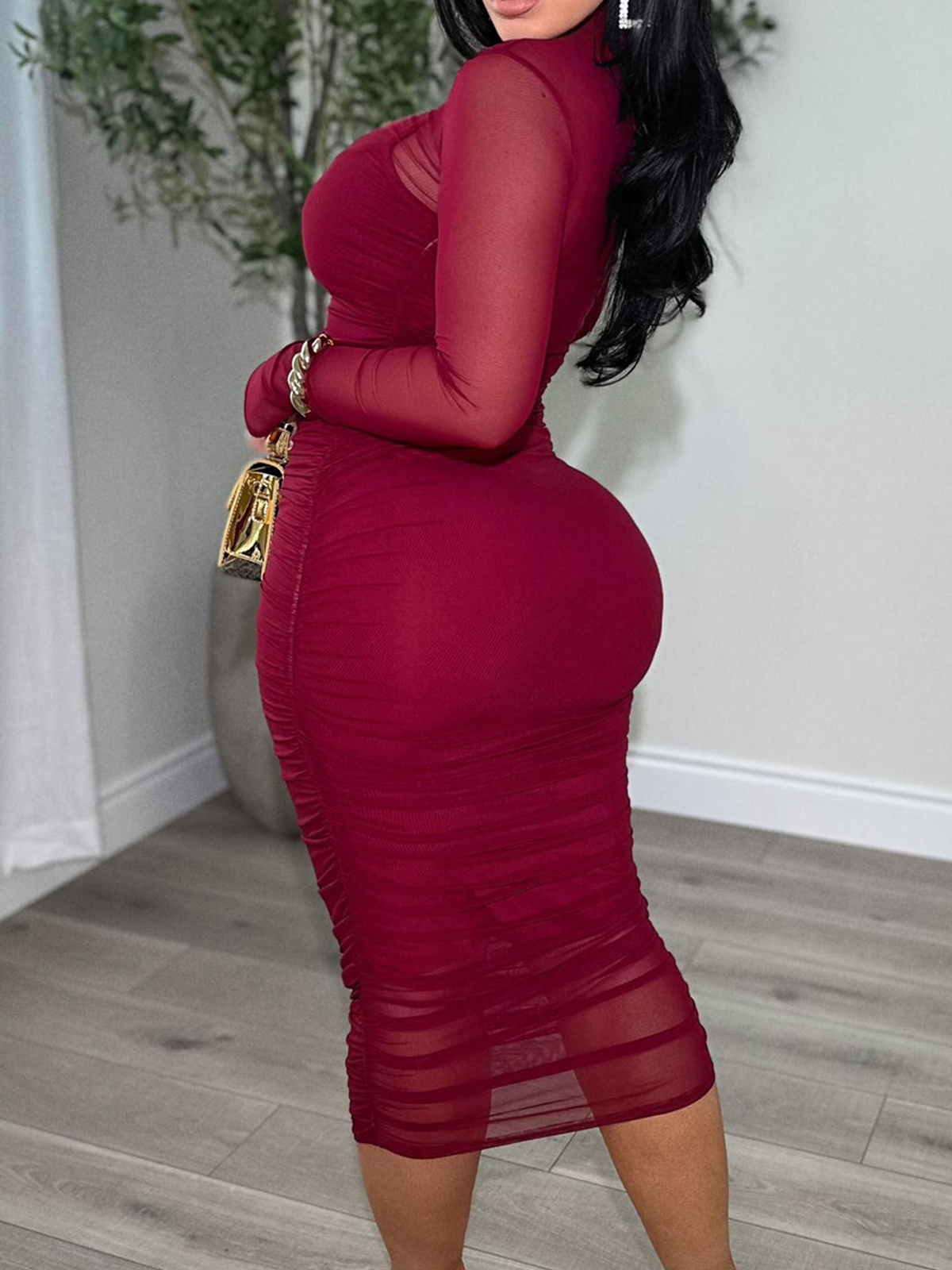 Ruched Mesh Long Sleeve Midi Bodycon Dress