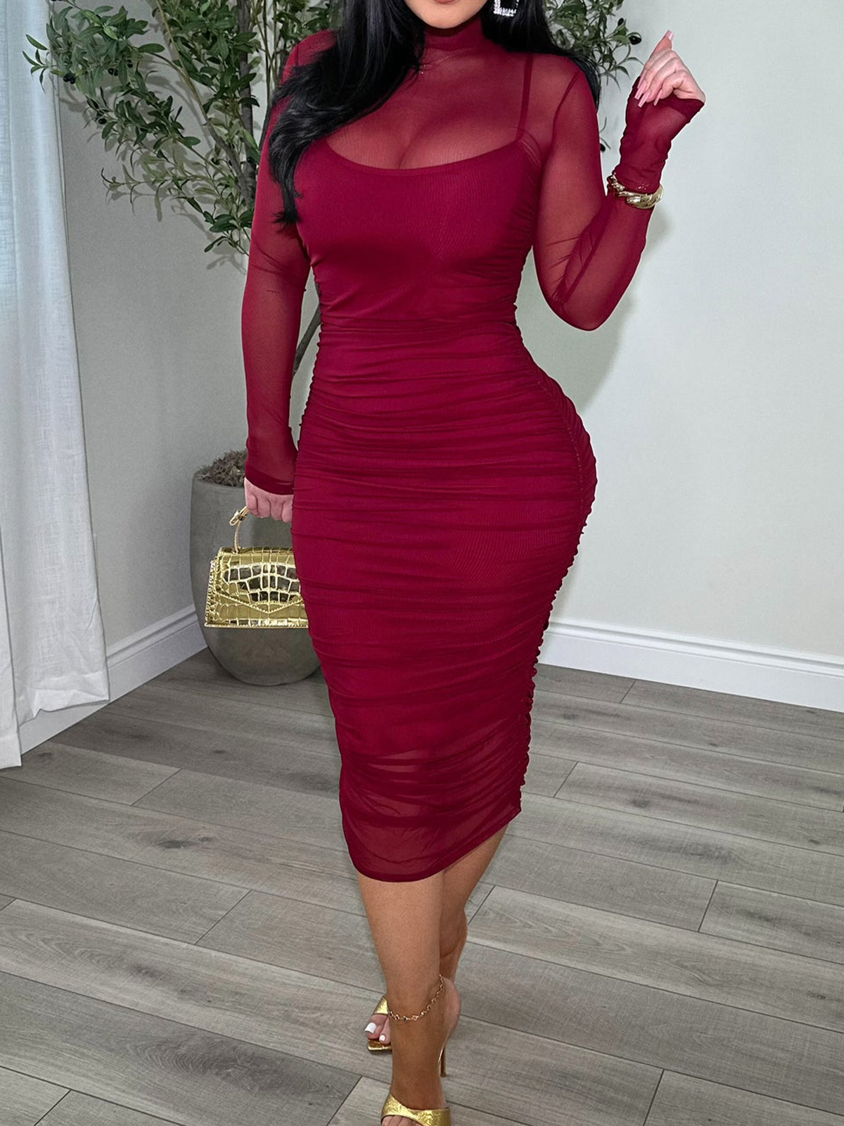 Ruched Mesh Long Sleeve Midi Bodycon Dress