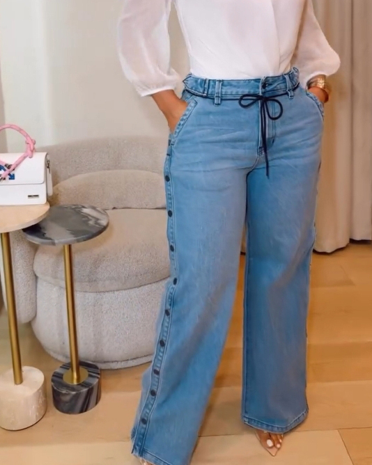 Women's Straight Leg Wide Legs High Waist Baggy Snap Button Side Jeans