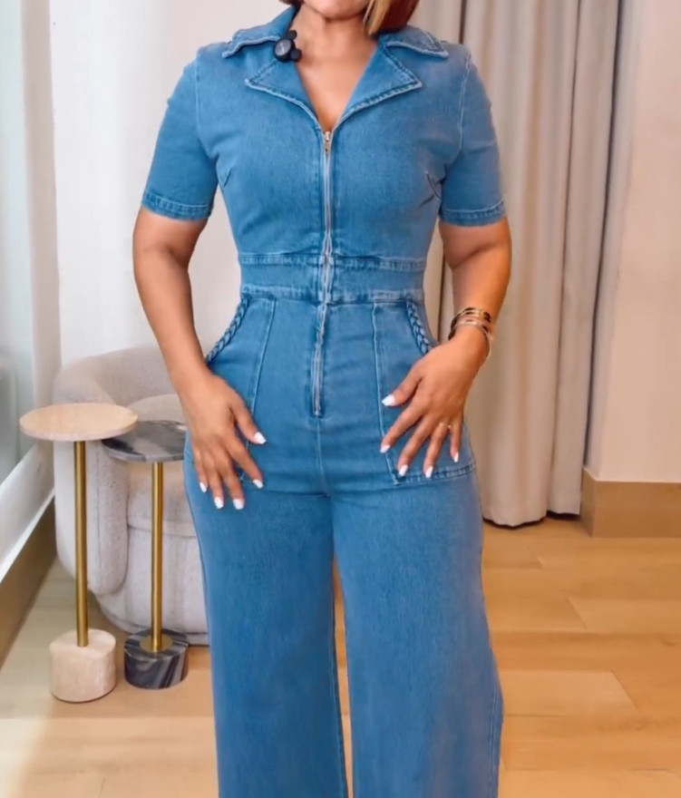 Women's Casual Short Sleeve Loose Straight Leg Demin Jumpsuits with Pockets