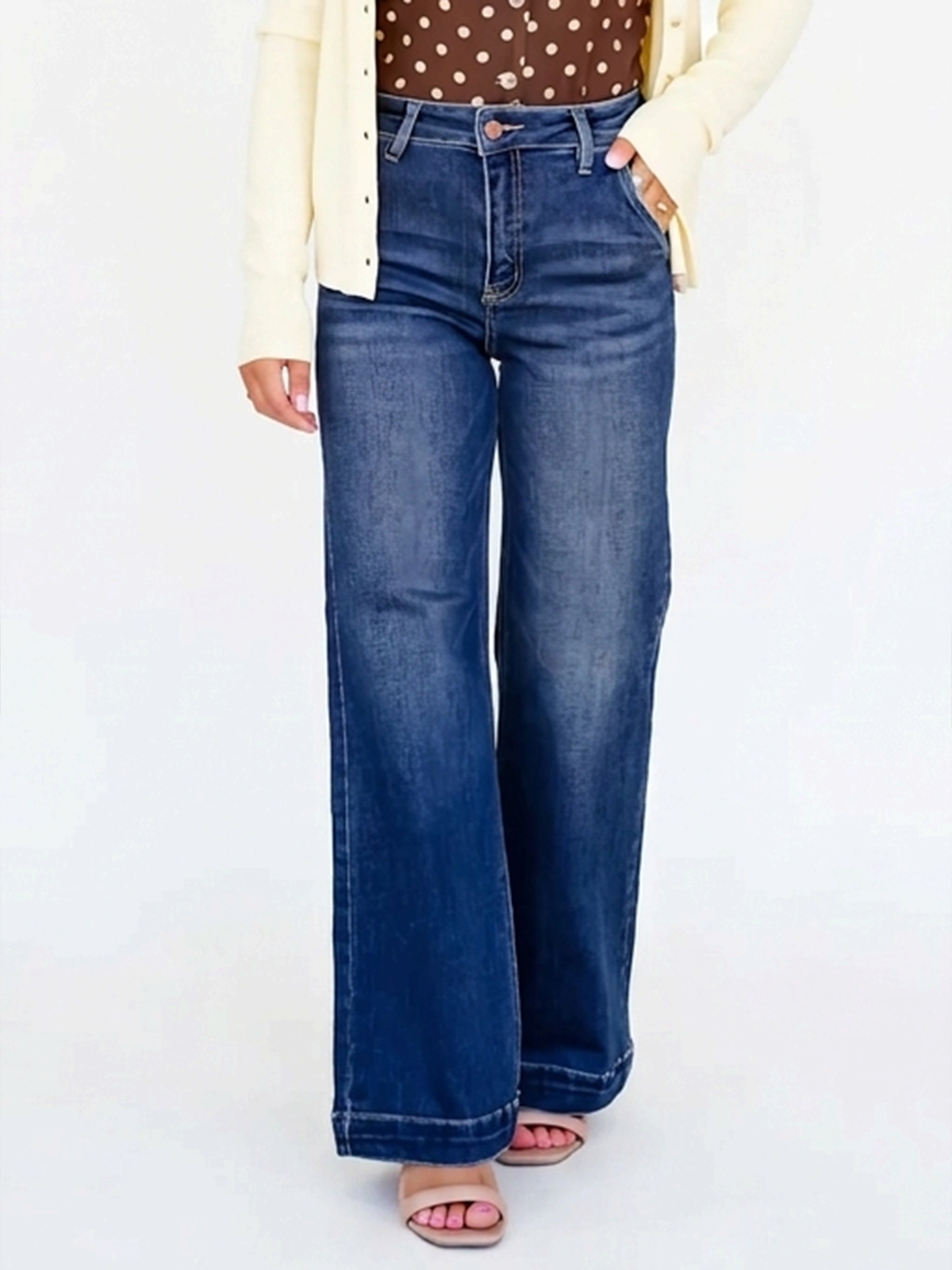 High Waisted Straight Leg Jeans Casual Blue Denim Pants Stretchy Classic Trouser
