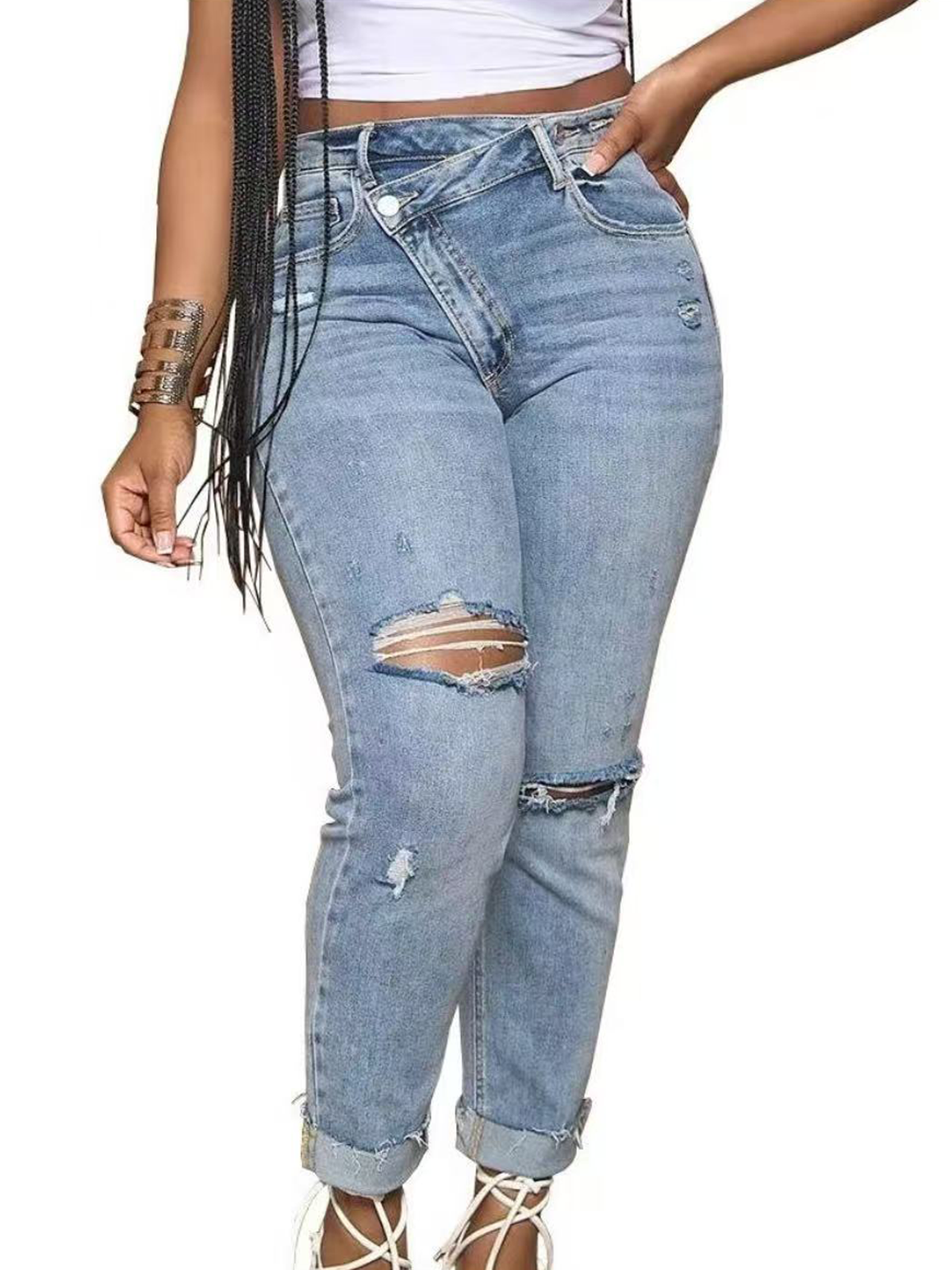 Summer Women's Popular High Waisted Slim Fit Jeans With Bevel Buckle