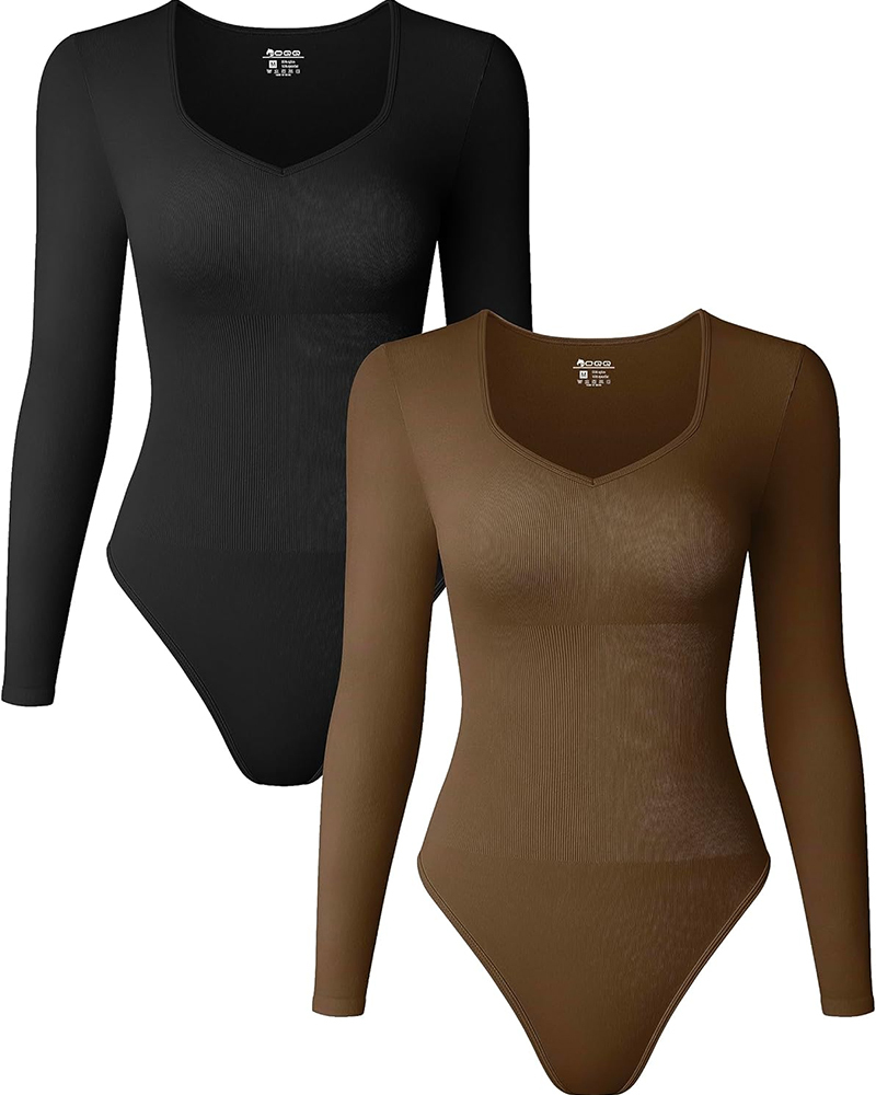 Sweetheart V Neck Ribbed Long Sleeve Bodysuit