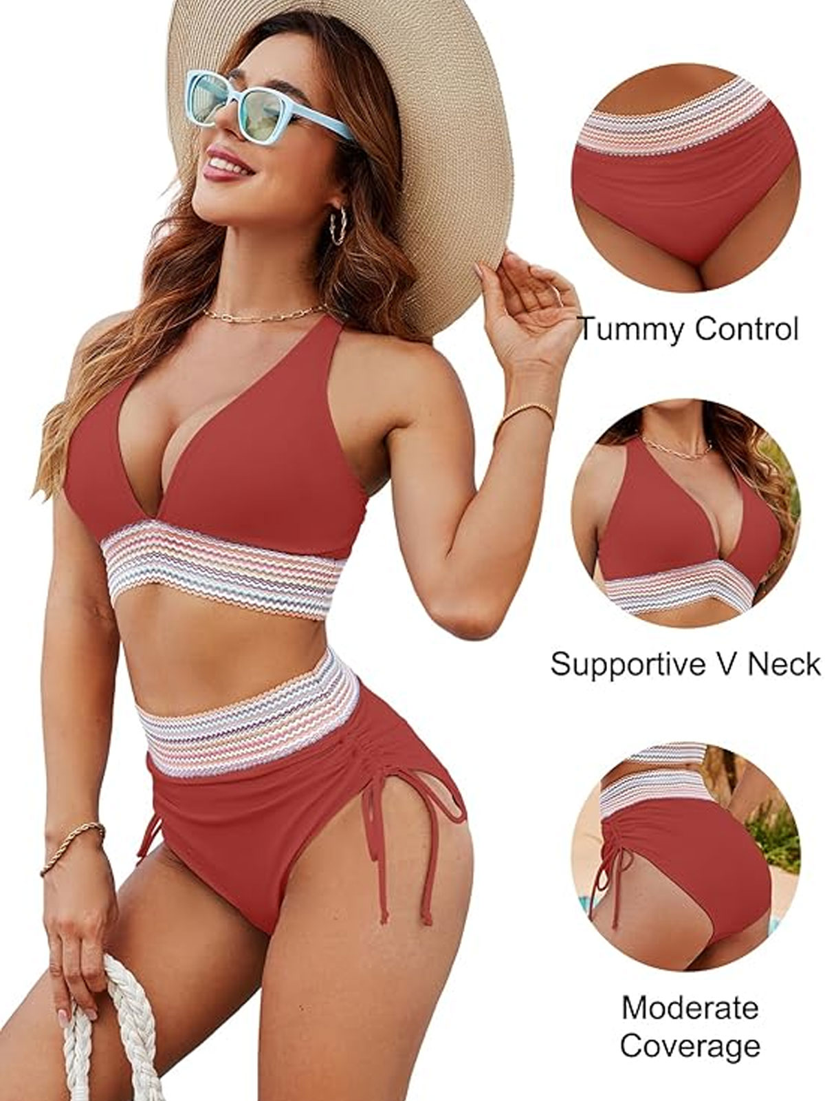 High Waisted Bikini Sets Tummy Contro Drawstring Bathing Suit