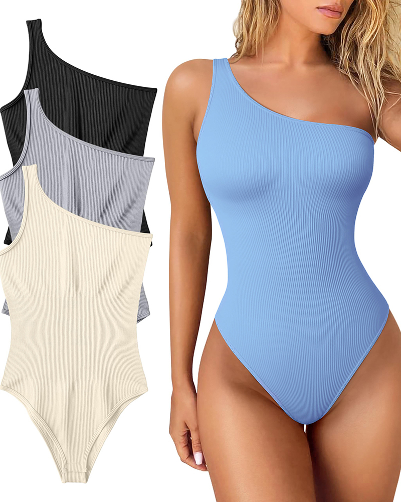 Threaded One Shoulder Sleeveless Tank Top Tight Stretch Bodysuit-ChicCurve