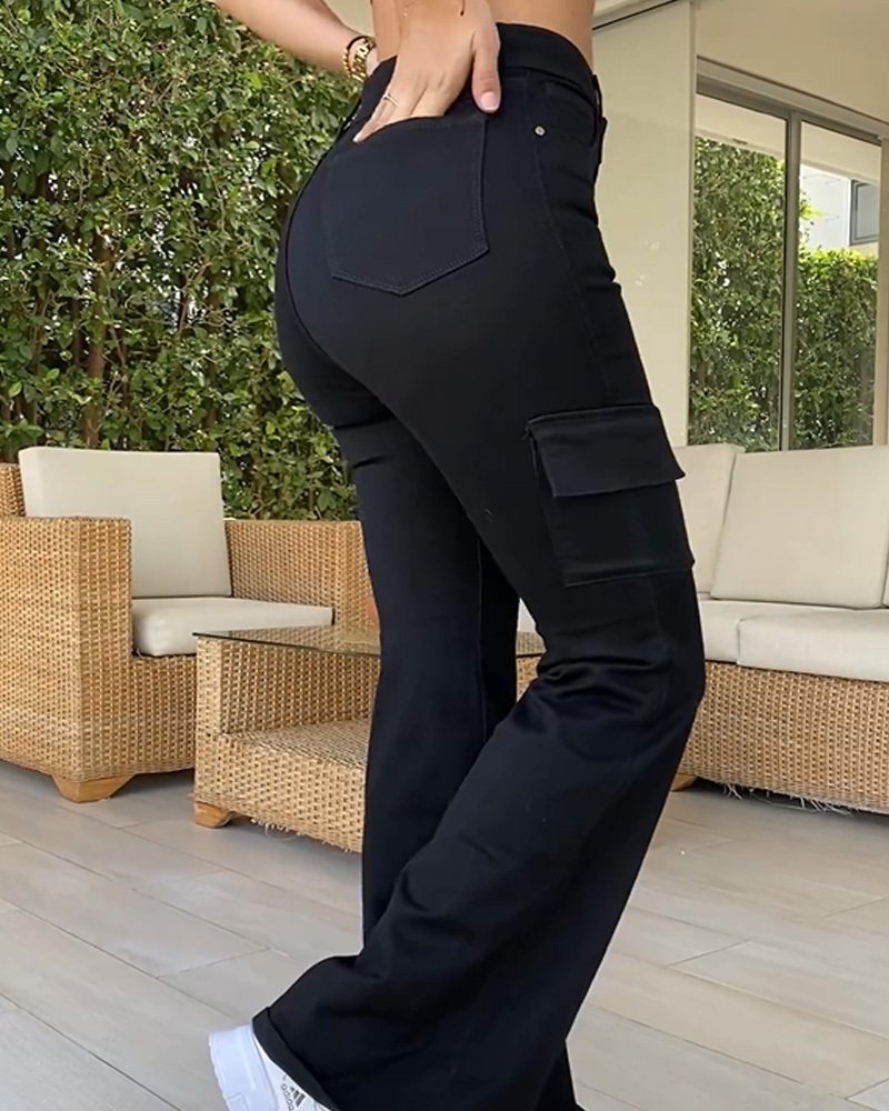 Pocket Cargo Style Flared Jeans