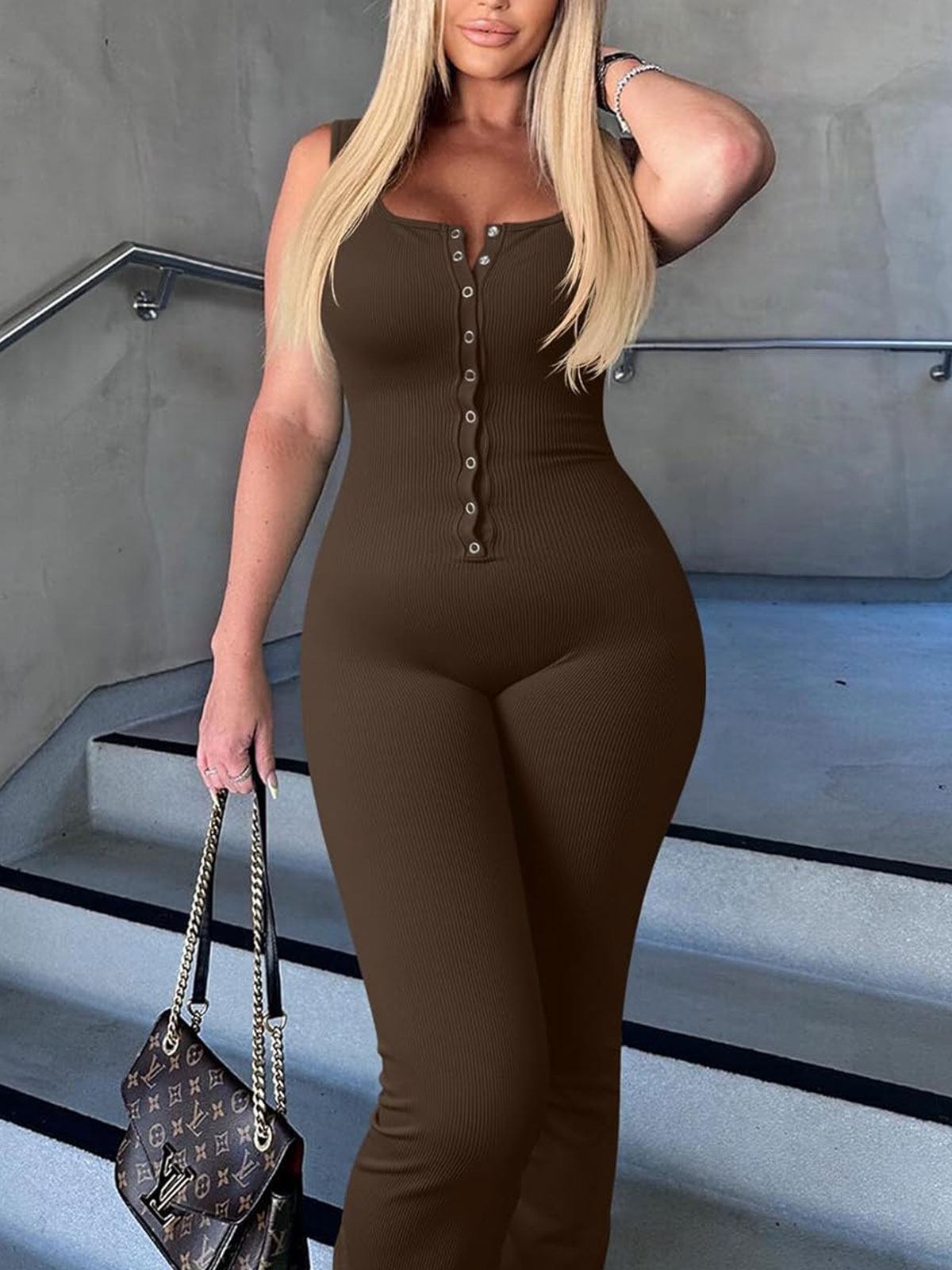 Ribbed Square Neck Sleeveless Sexy Stretch Flare Jumpsuits