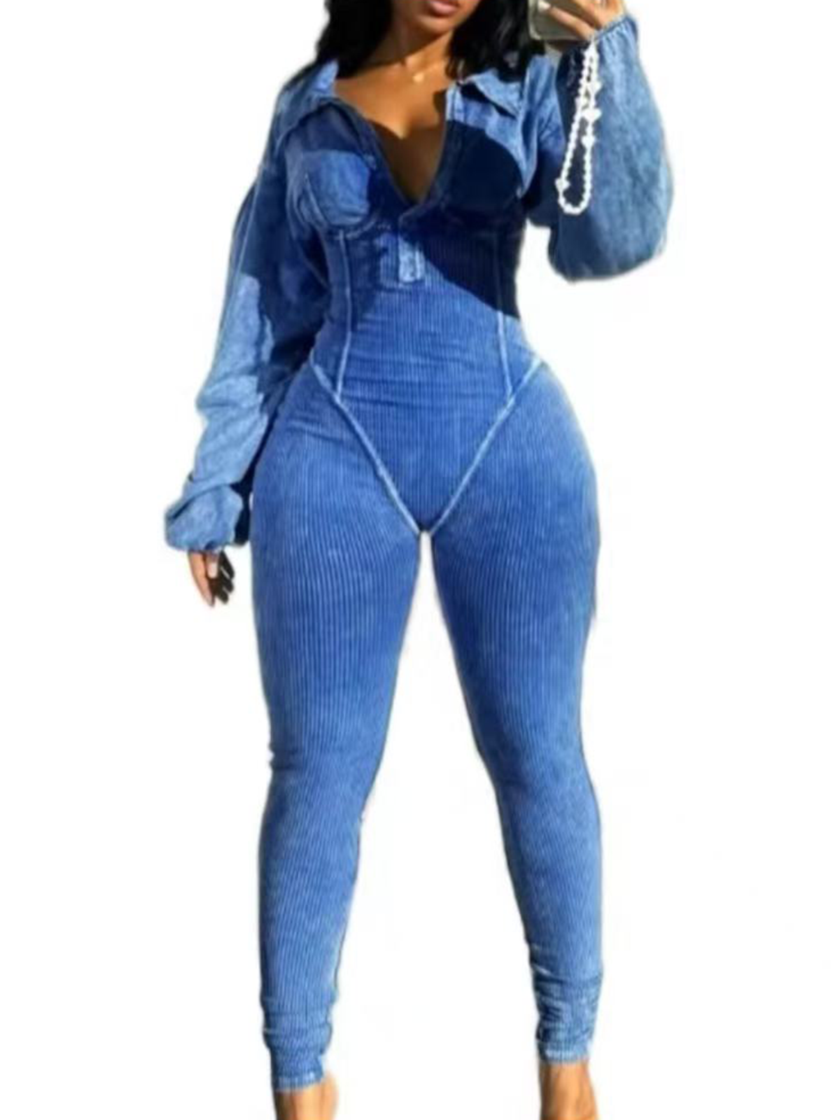 Women's V Neck Ribbed Slim Fit Washed Distressed Jumpsuit