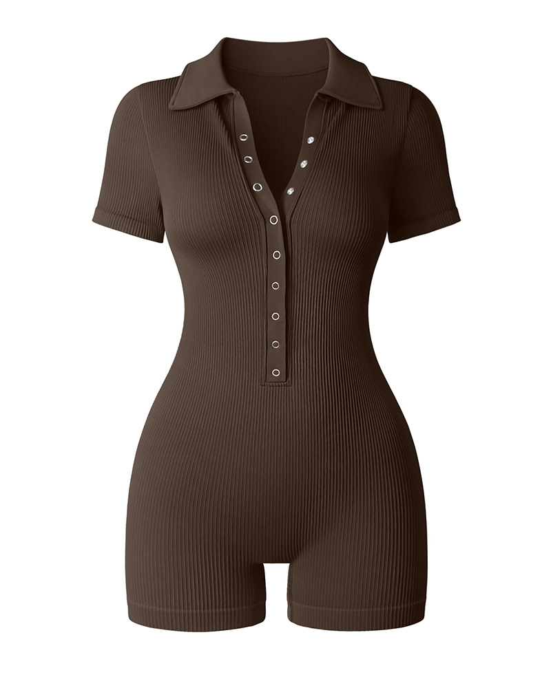 Ribbed V Neck Stretch Tummy Control Exercise Rompers