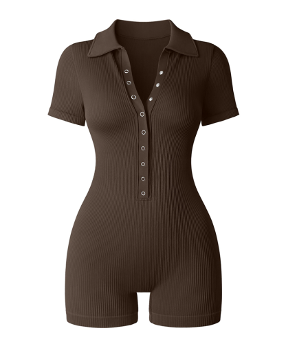 Ribbed V Neck Stretch Tummy Control Exercise Rompers