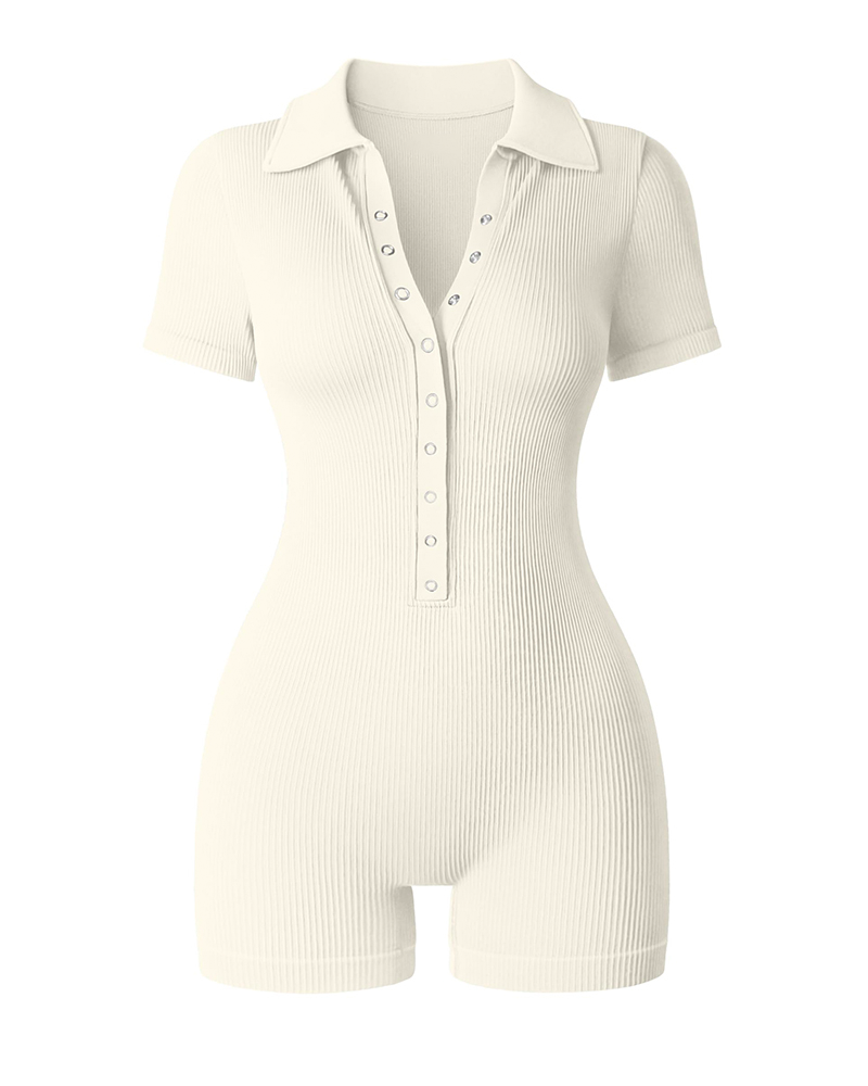 Ribbed V Neck Stretch Tummy Control Exercise Rompers