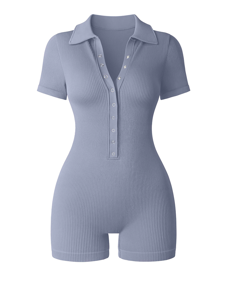 Ribbed V Neck Stretch Tummy Control Exercise Rompers