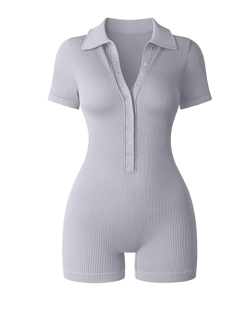 Ribbed V Neck Stretch Tummy Control Exercise Rompers