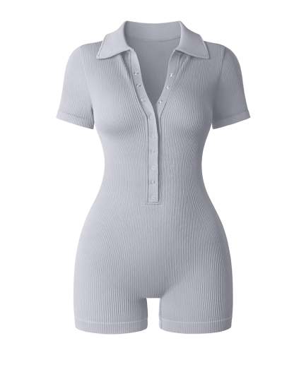 Ribbed V Neck Stretch Tummy Control Exercise Rompers