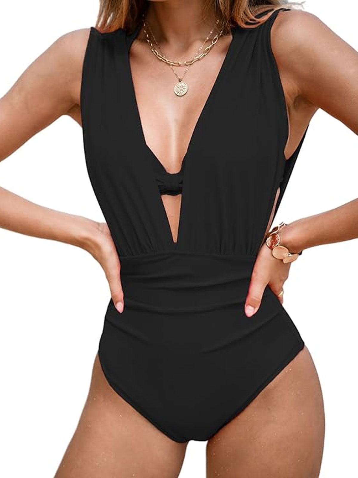 One Piece Swimsuit Halter Plunging Neck Bathing Suit Wide Straps Underwire Ruched Back Hook