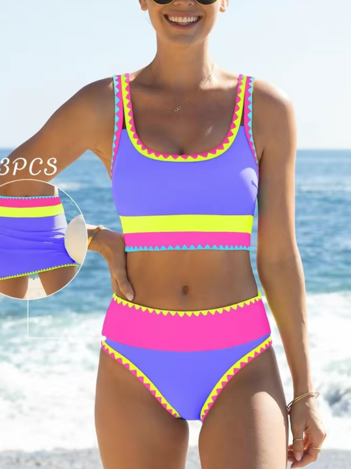 Fluorescent High Waisted Swimsuit Three Piece Set