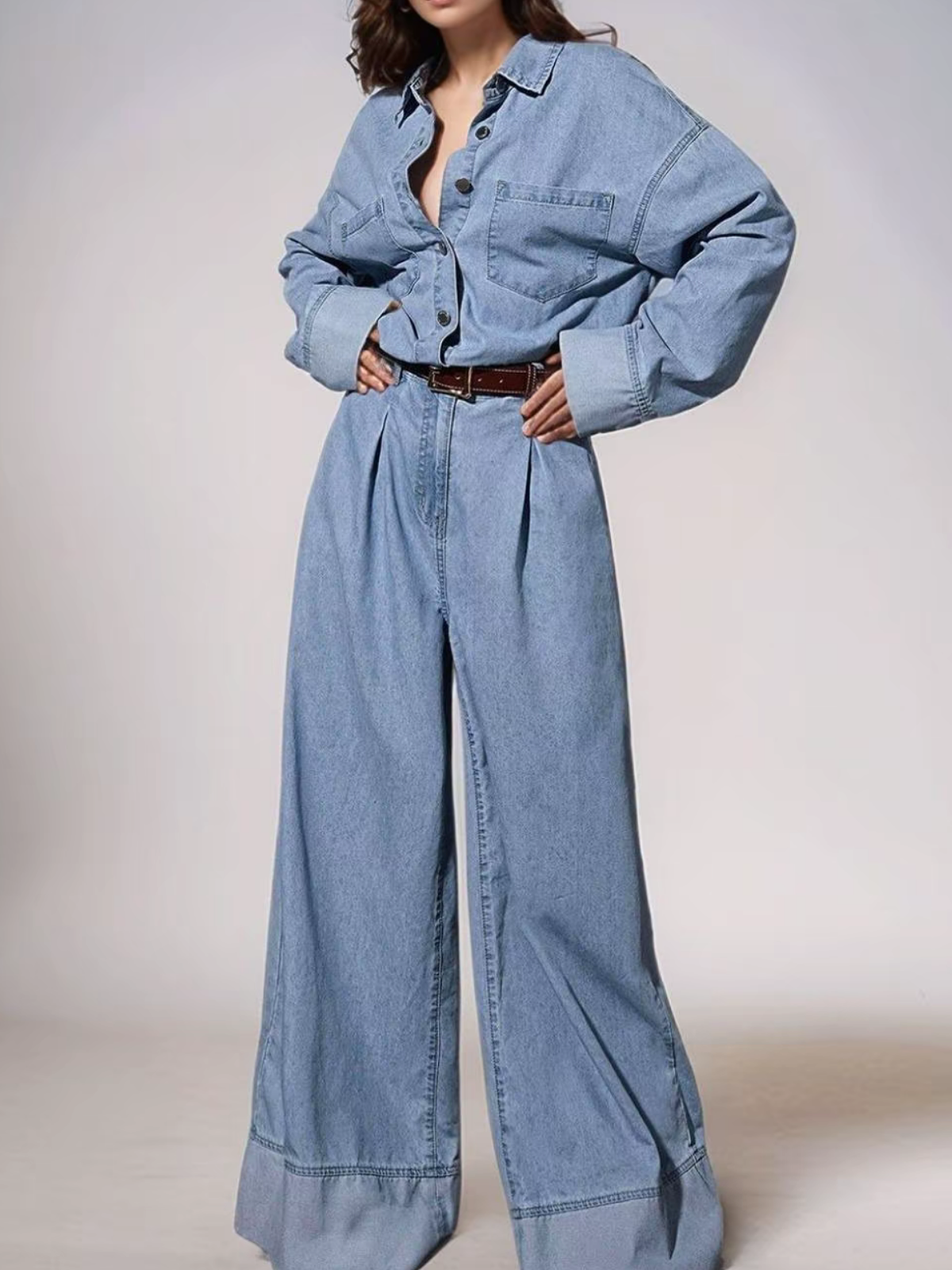 Women's Beltless Wide Leg Denim Jumpsuit With Pockets